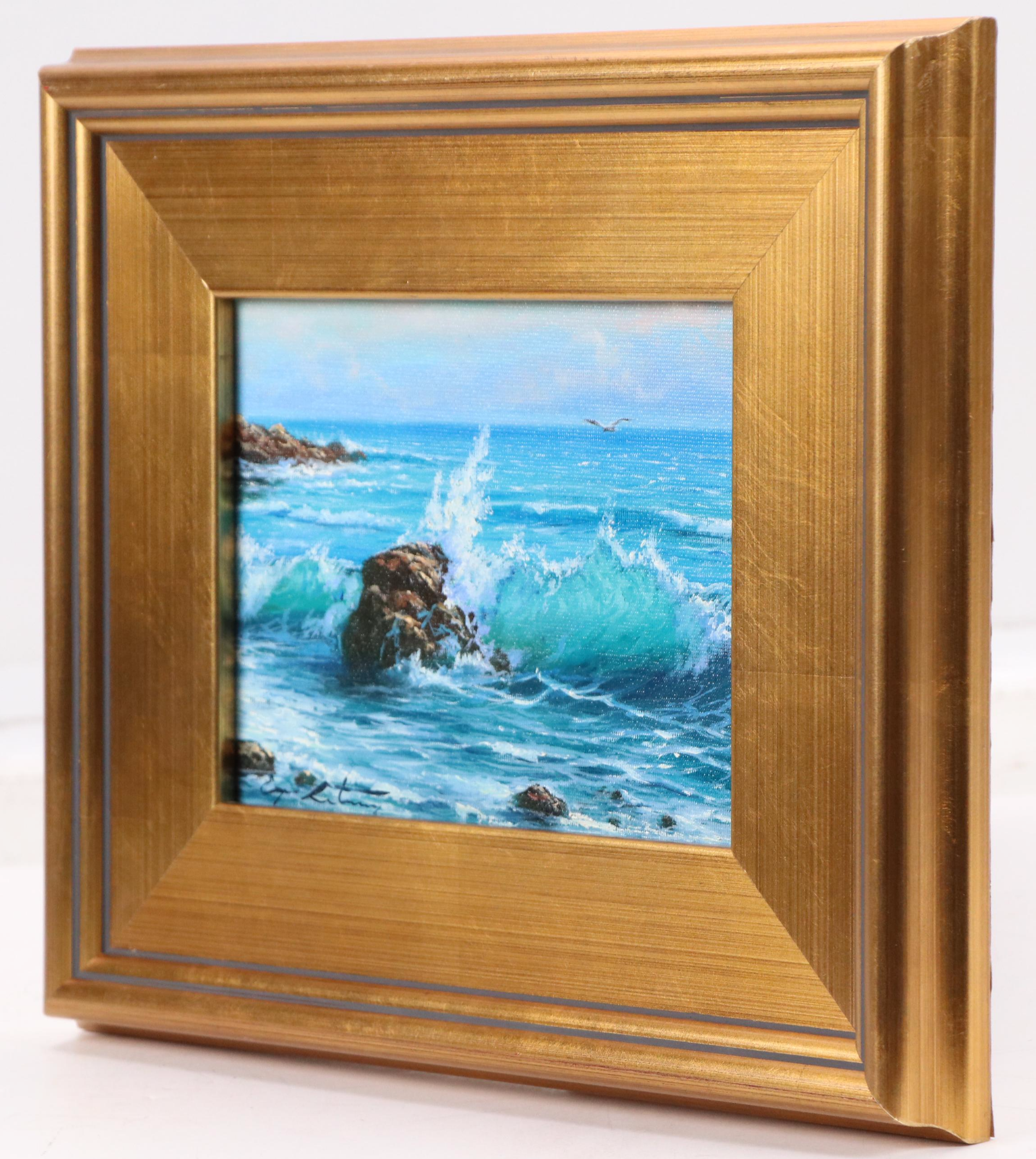 Realistic Oil Painting of Wave Crashing on Rock, 21st Century