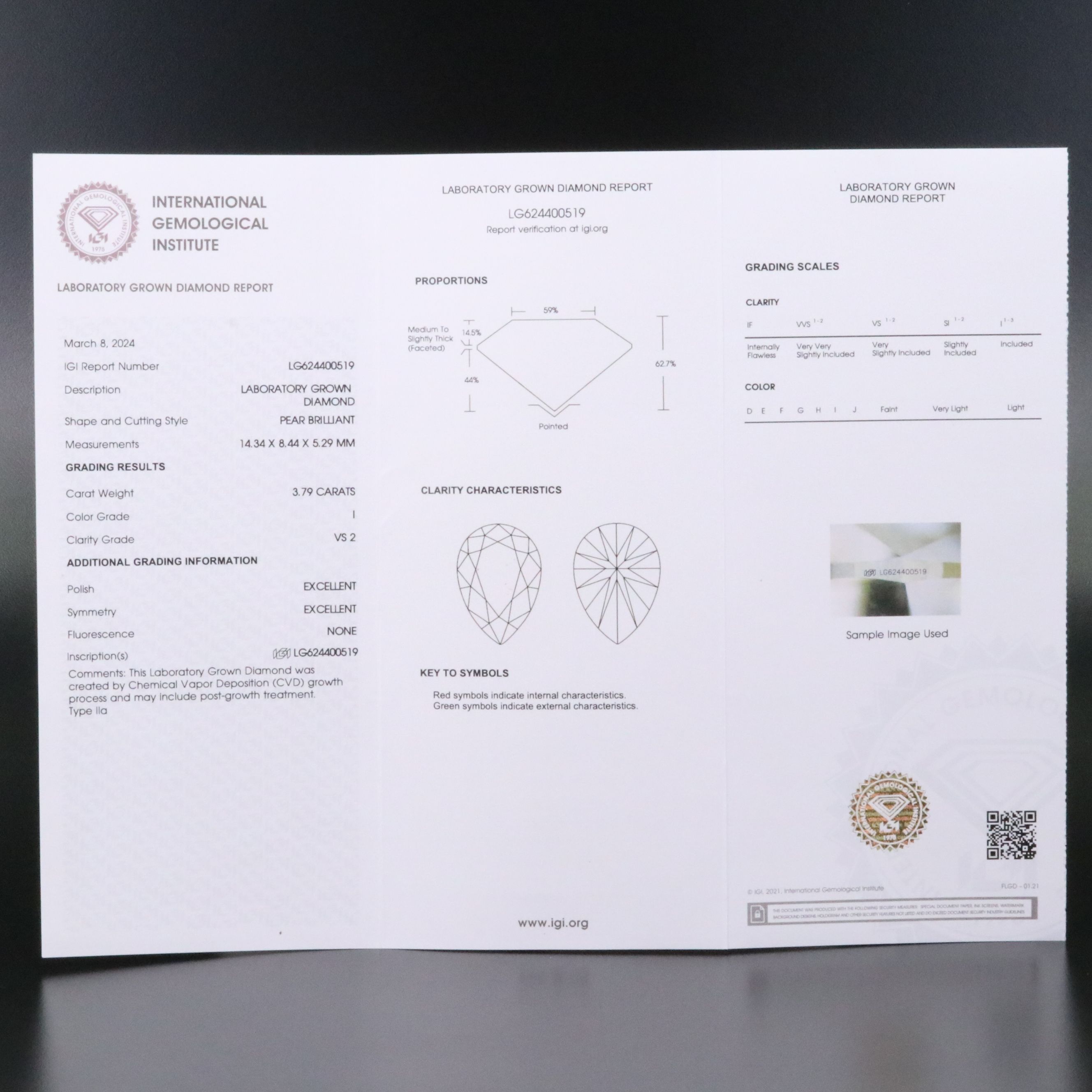 Loose 3.79 CT Lab Grown Diamond with IGI Report
