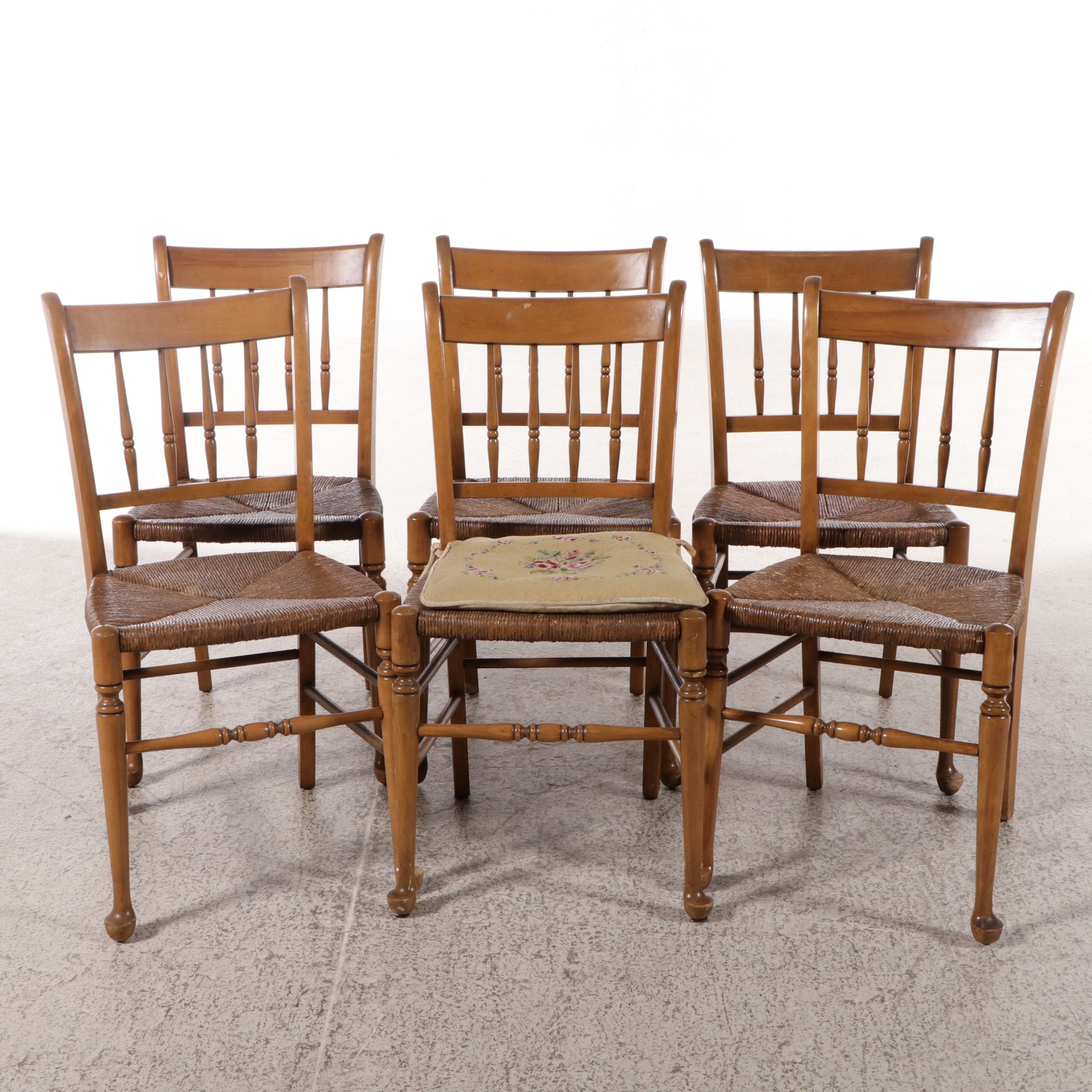 American Edwardian Style Carved Spindle Back Chairs with Rush Seats