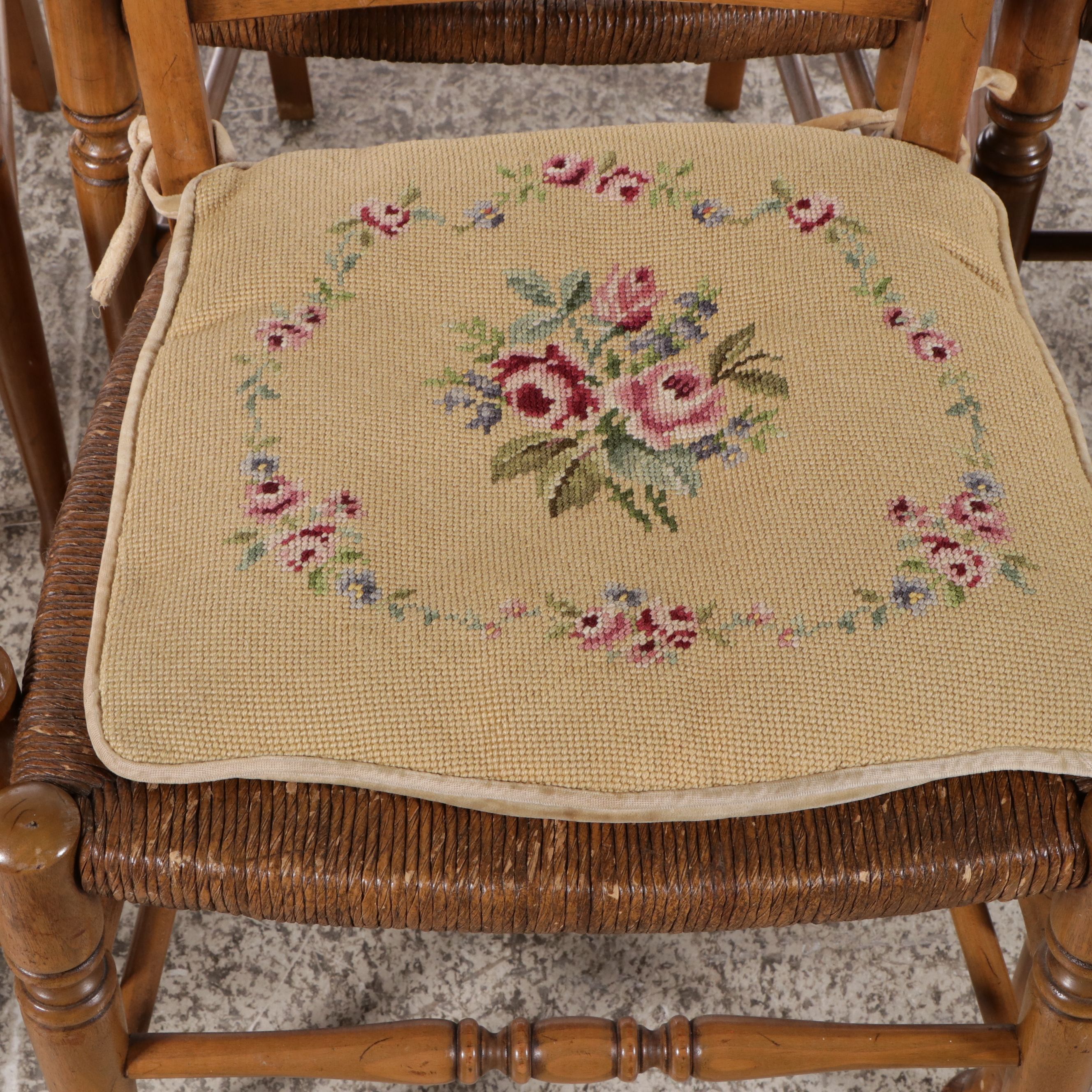 American Edwardian Style Carved Spindle Back Chairs with Rush Seats