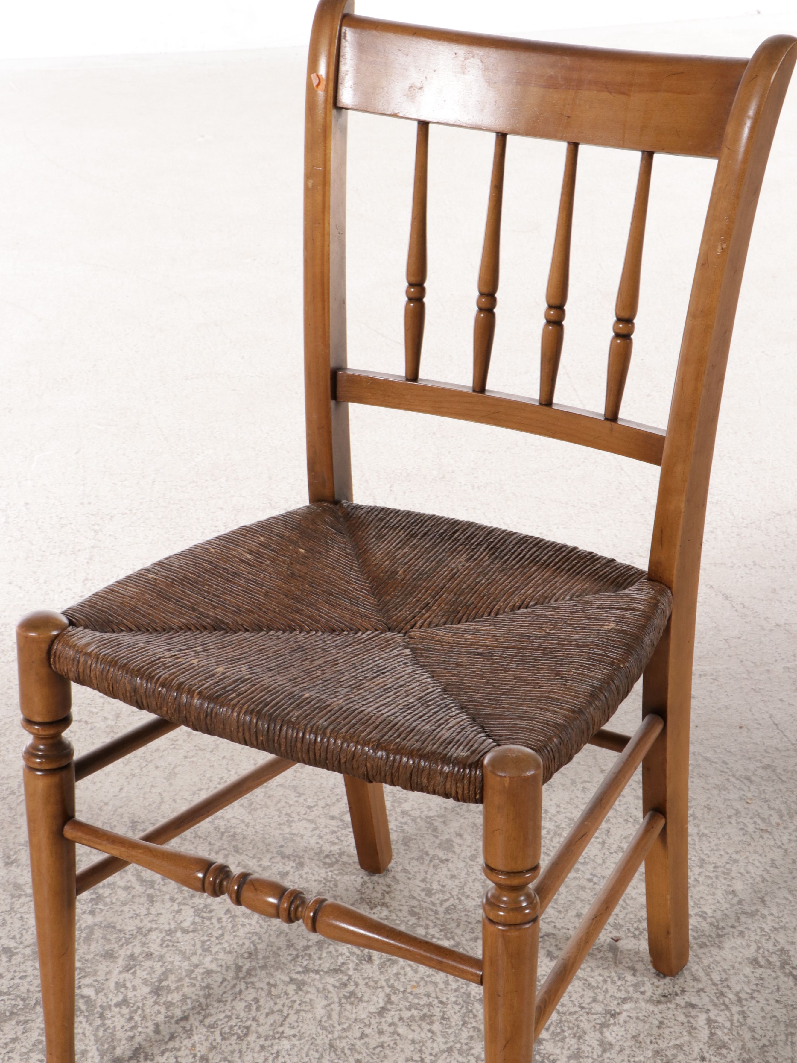 American Edwardian Style Carved Spindle Back Chairs with Rush Seats