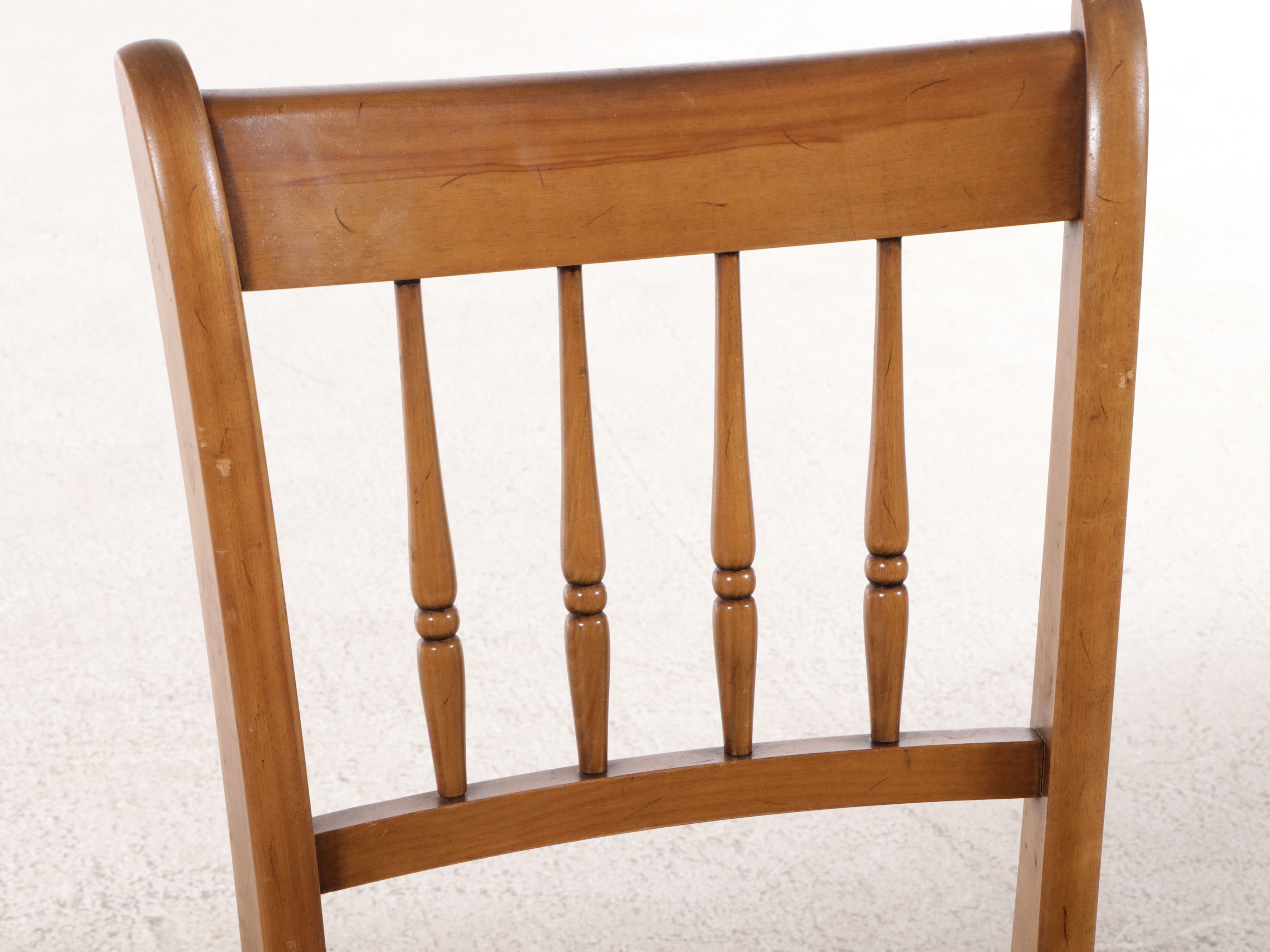 American Edwardian Style Carved Spindle Back Chairs with Rush Seats