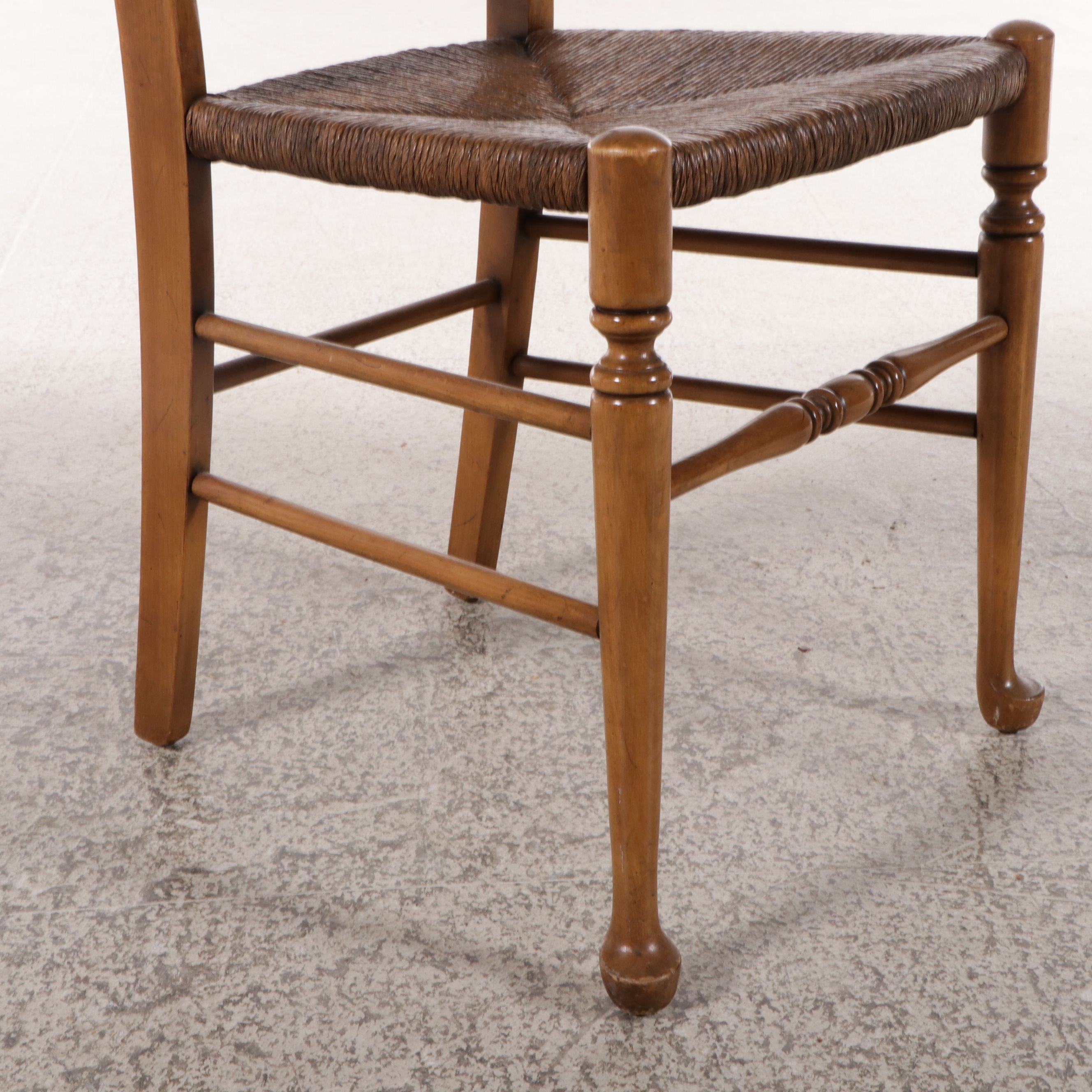 American Edwardian Style Carved Spindle Back Chairs with Rush Seats
