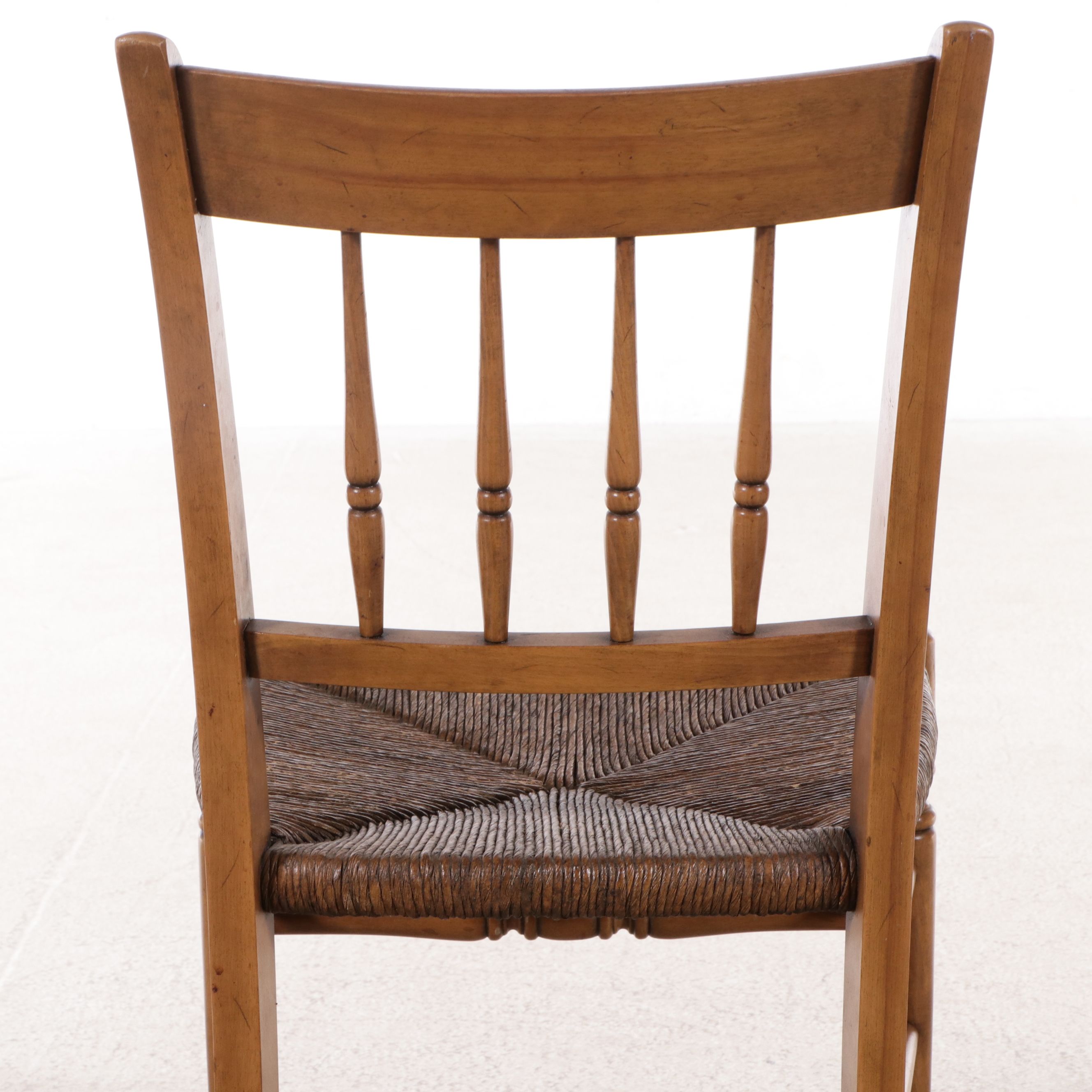 American Edwardian Style Carved Spindle Back Chairs with Rush Seats