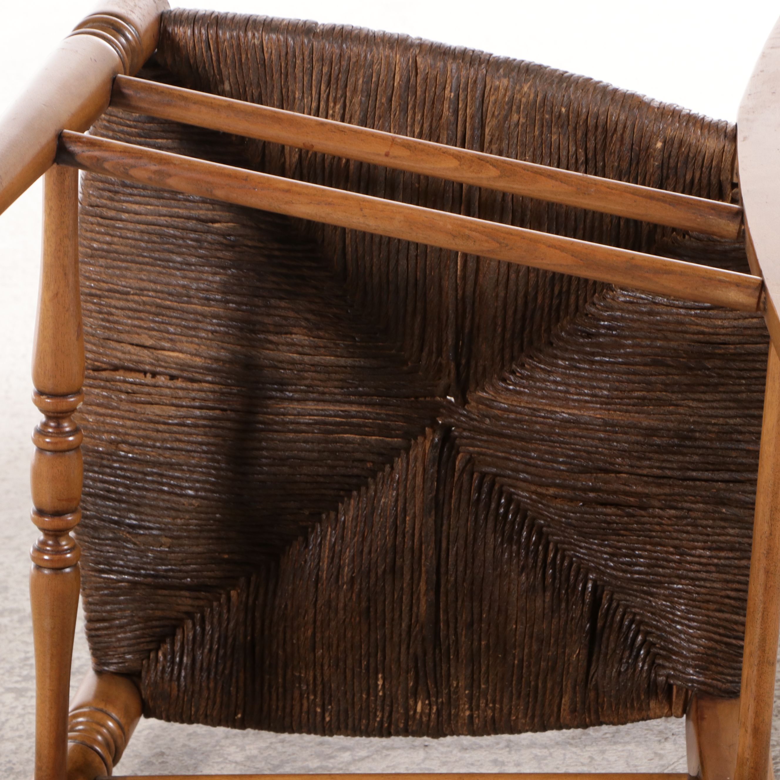 American Edwardian Style Carved Spindle Back Chairs with Rush Seats