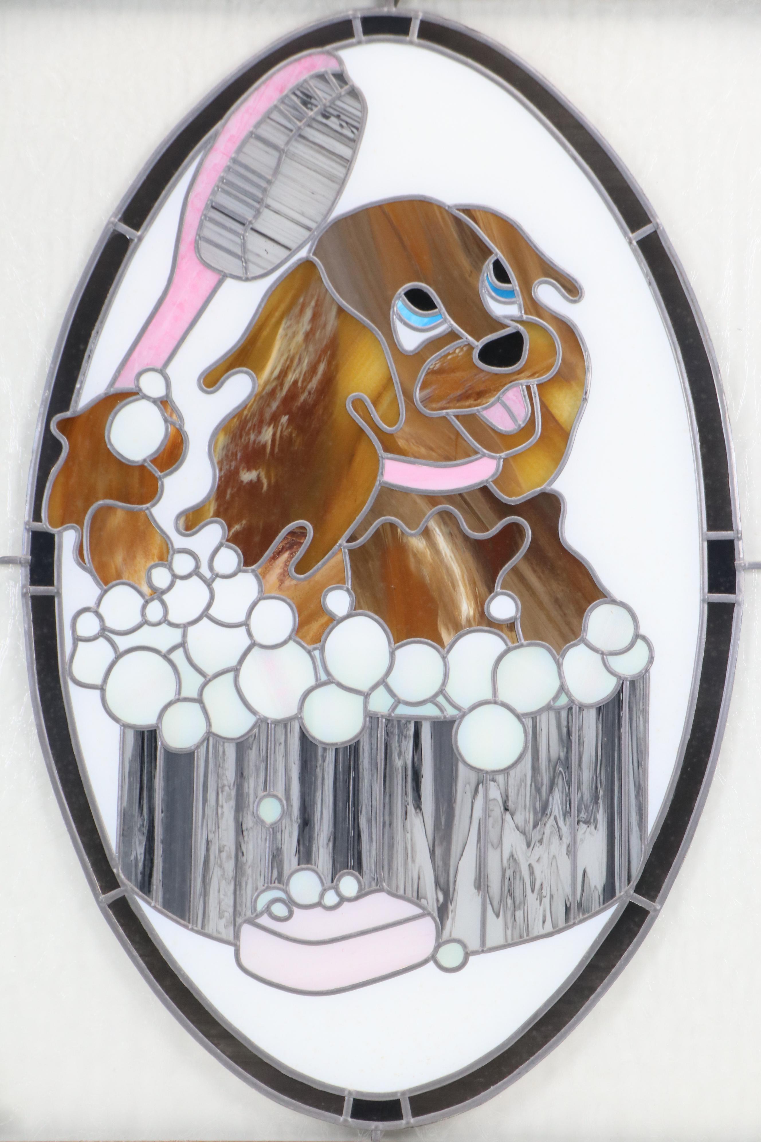 Stained Glass Panel of Puppy in Bathtub