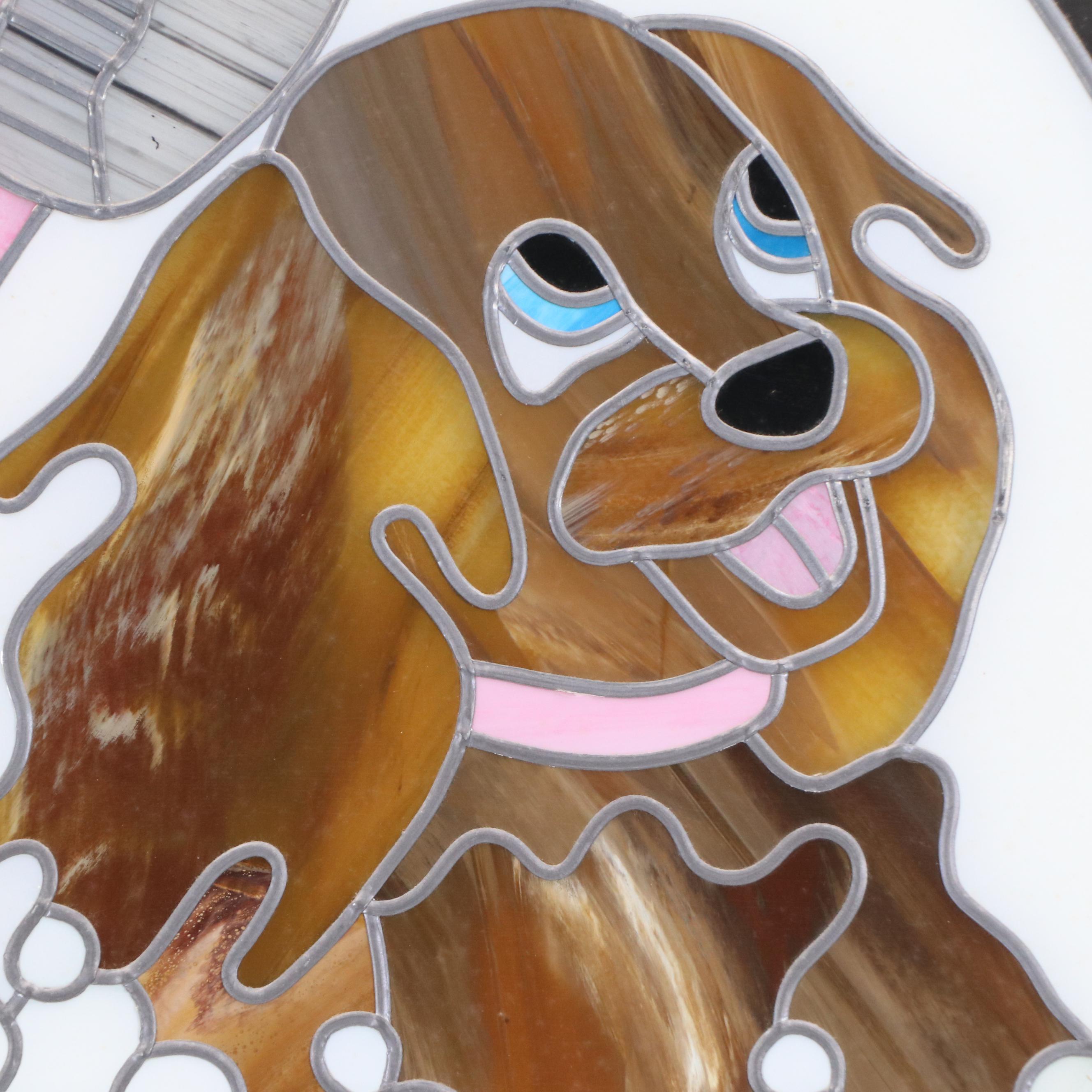 Stained Glass Panel of Puppy in Bathtub
