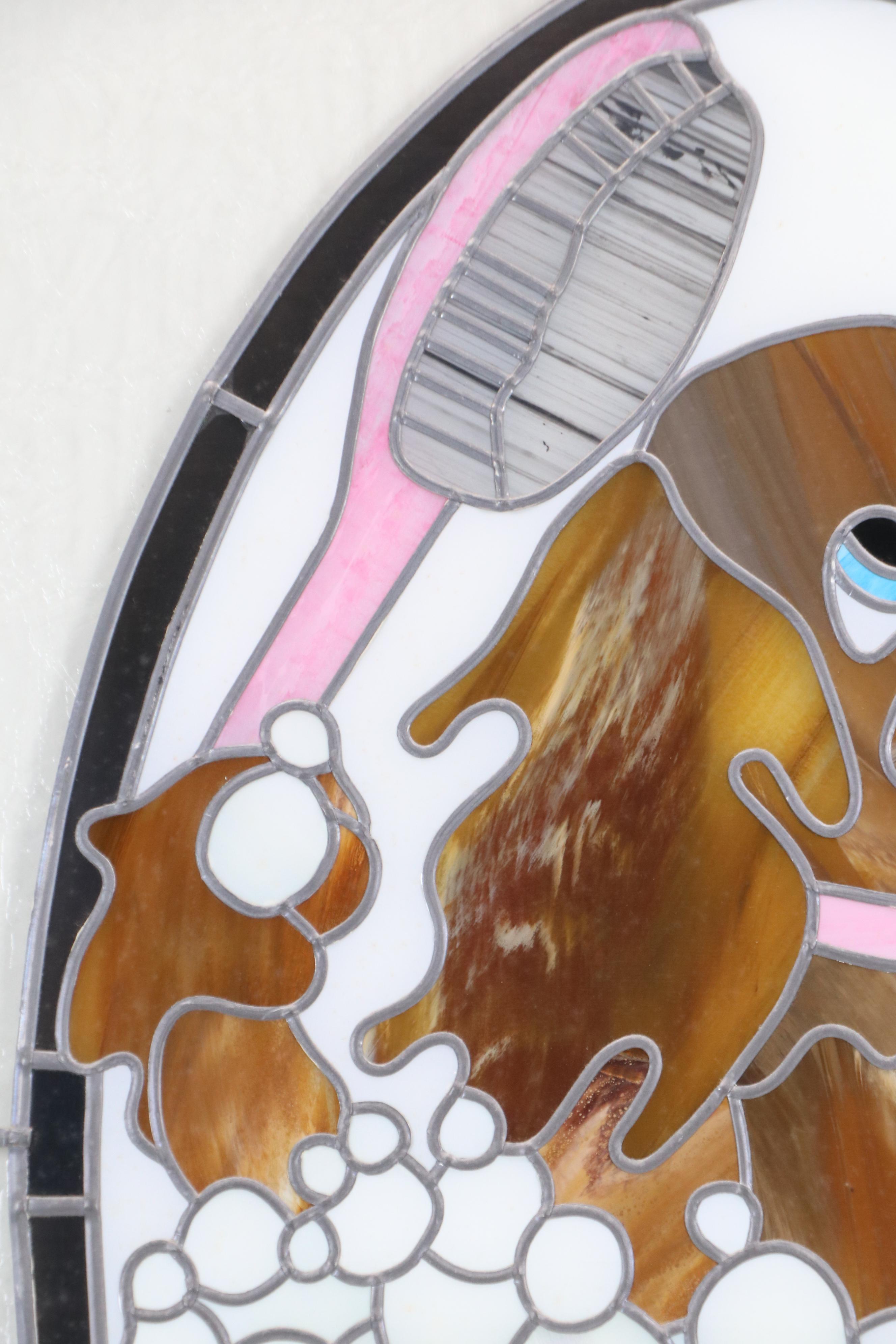Stained Glass Panel of Puppy in Bathtub