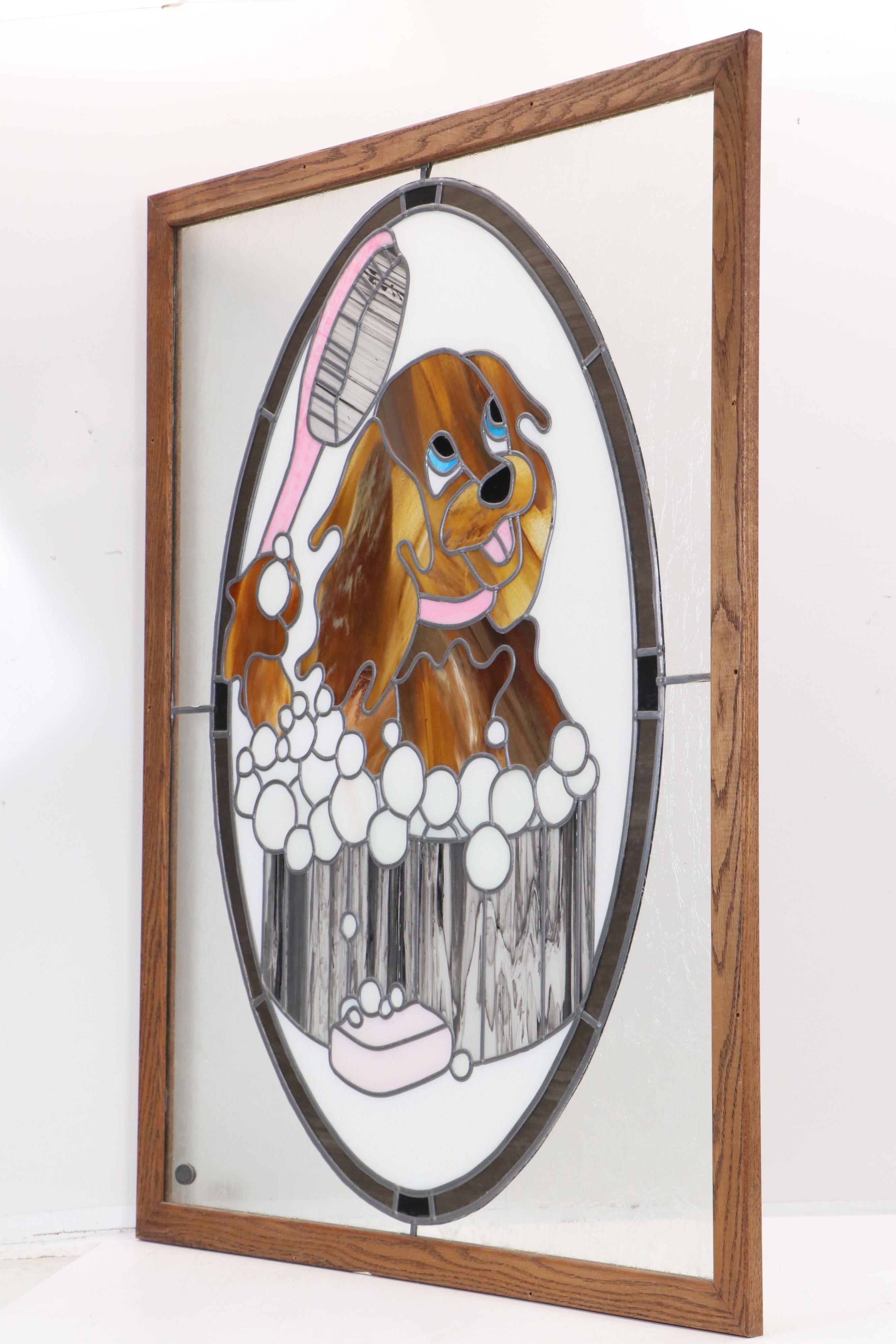 Stained Glass Panel of Puppy in Bathtub