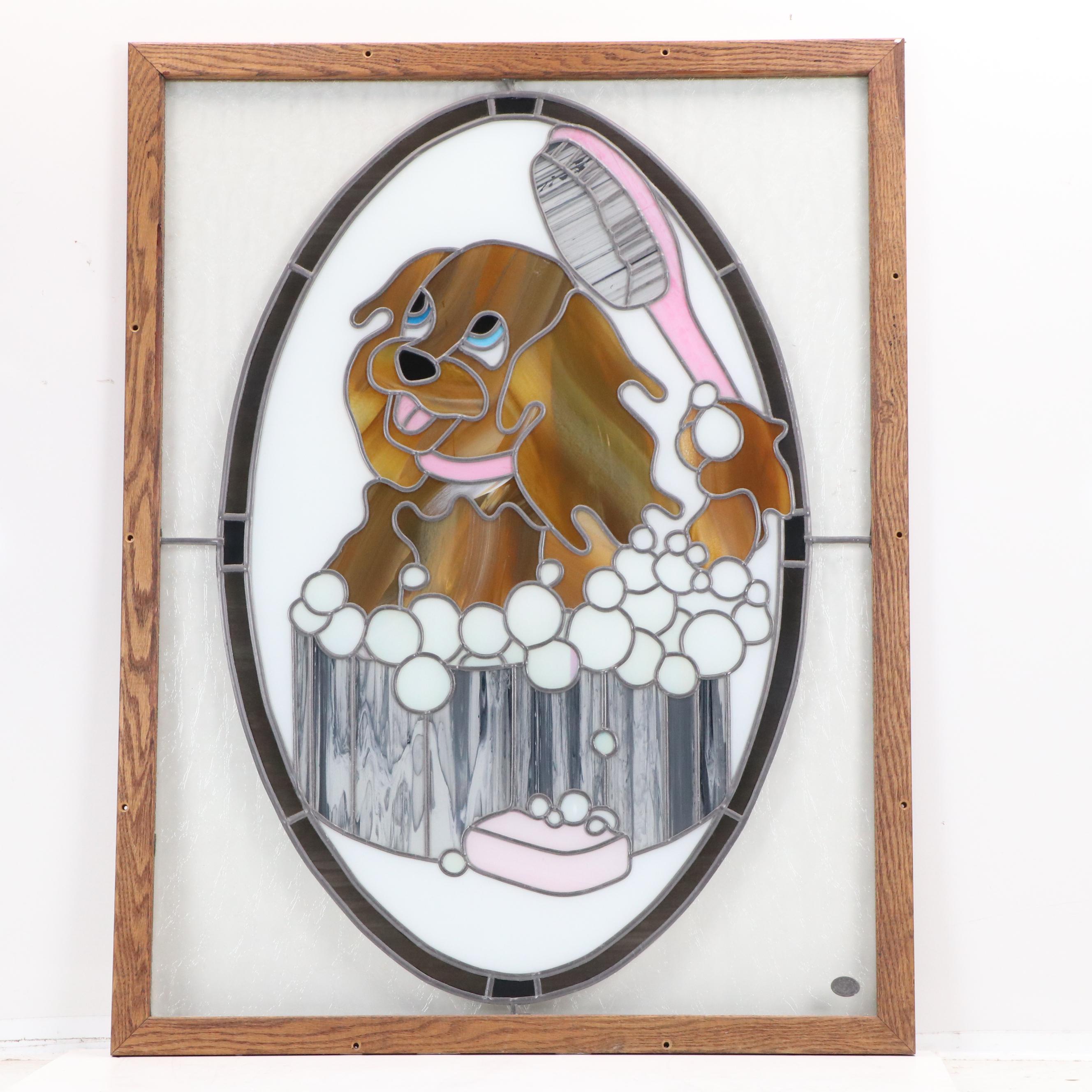 Stained Glass Panel of Puppy in Bathtub