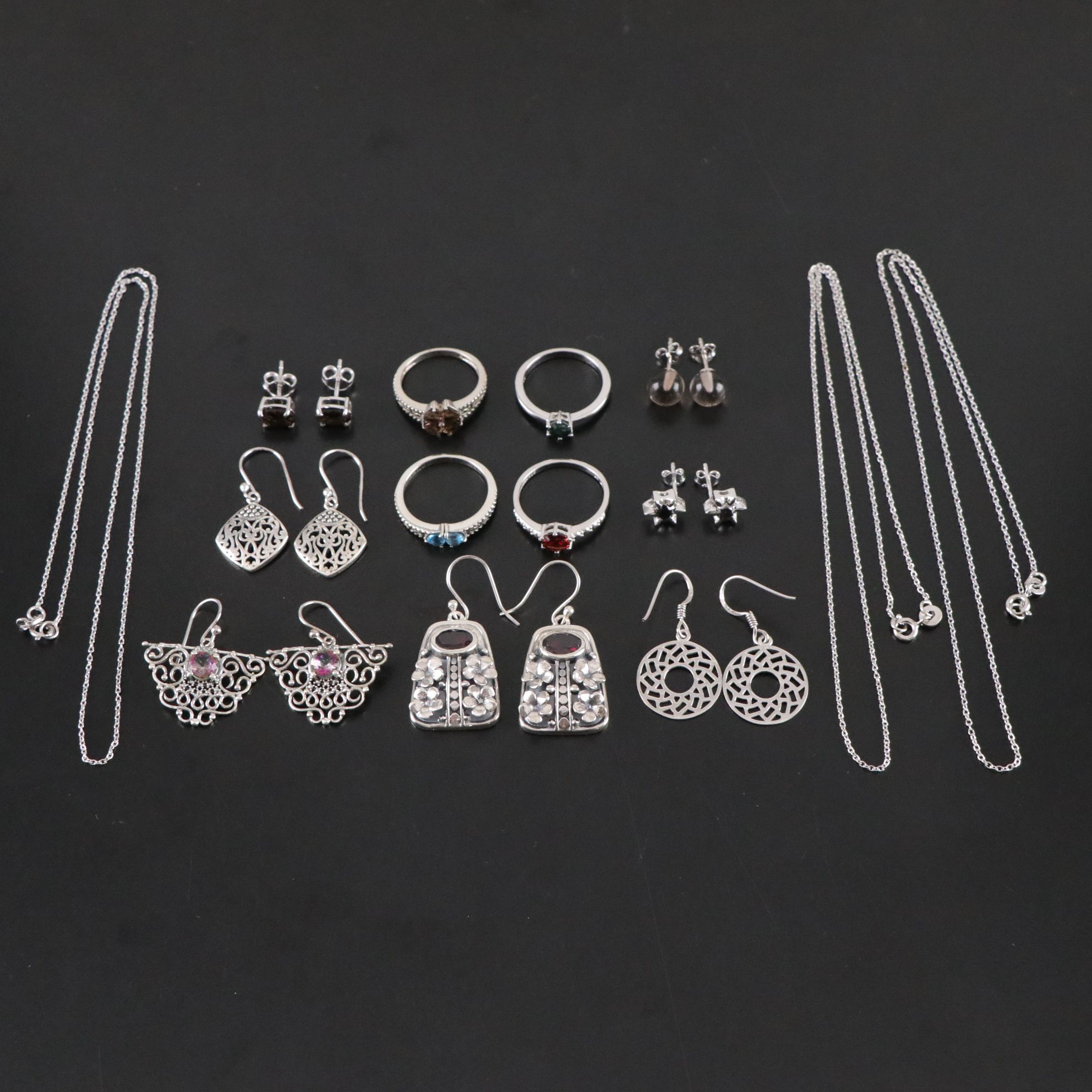 14 Assorted Sterling Silver Rings, Necklaces and Earrings