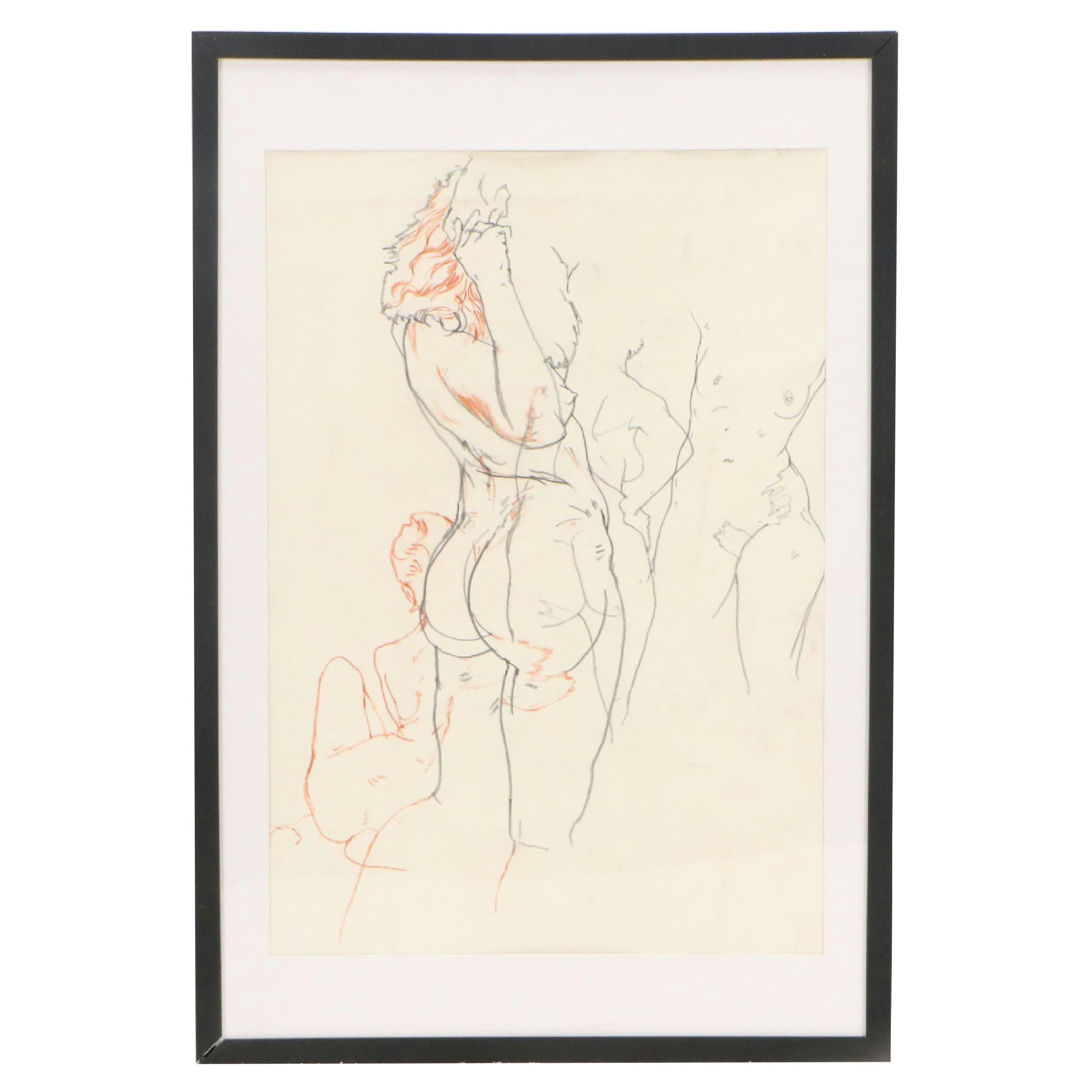 Paul Wagener Mixed Media Drawing of Nude Figure Studies, Late 20th Century