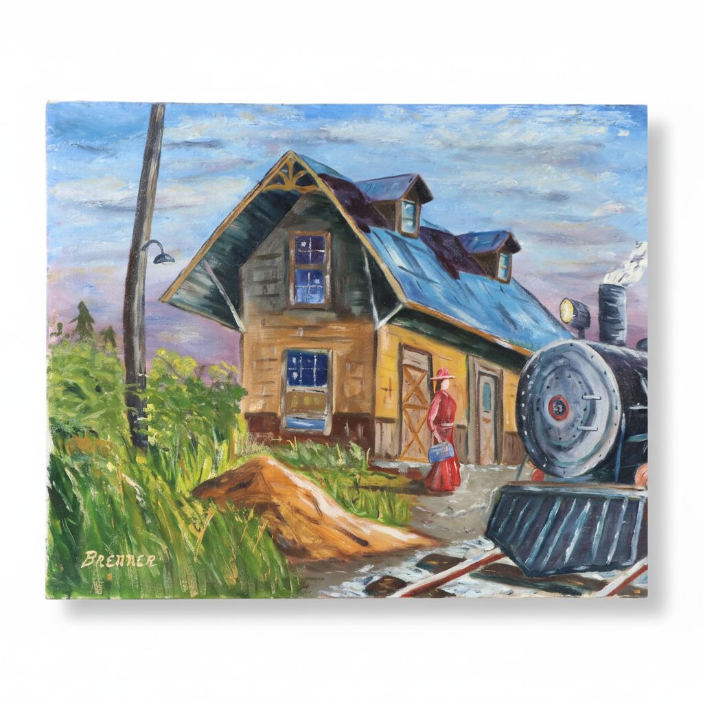 Frank J. Brenner Oil Painting of Woman at Train Station, Late 20th Century