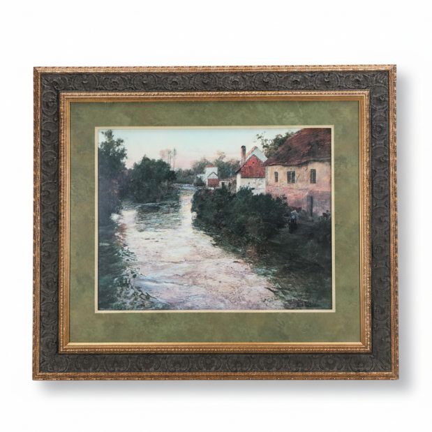 After Frits Thaulow Offset Lithograph "Village on the Bank," Late 20th Century