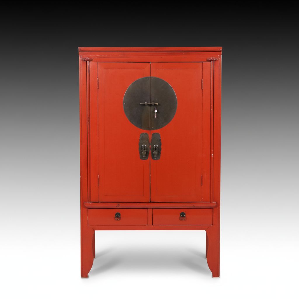 Chinese Brass Mounted Red Lacquered Cabinet