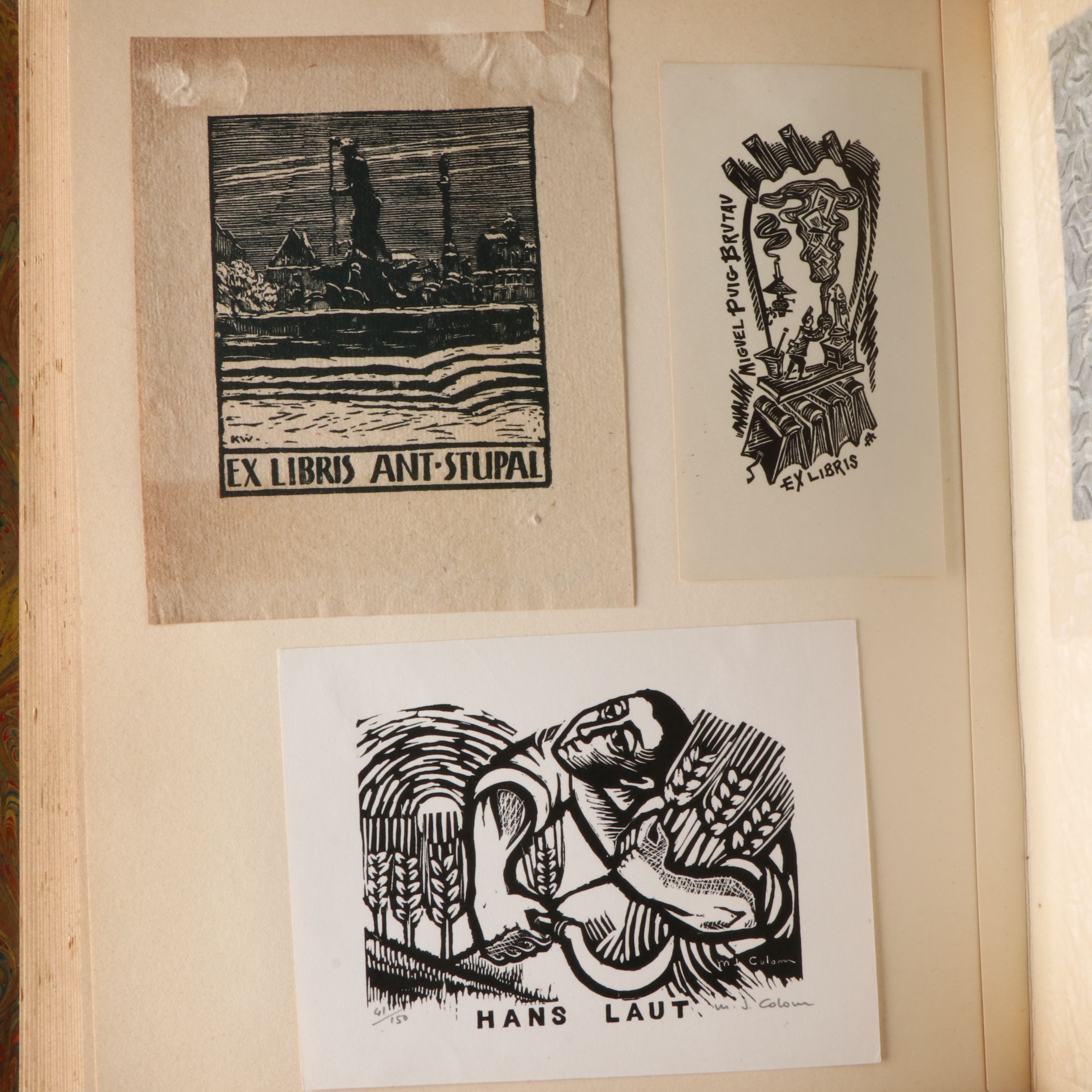 Leather Bound Book of European Ex Libris Bookplates, Early to Mid-20th Century