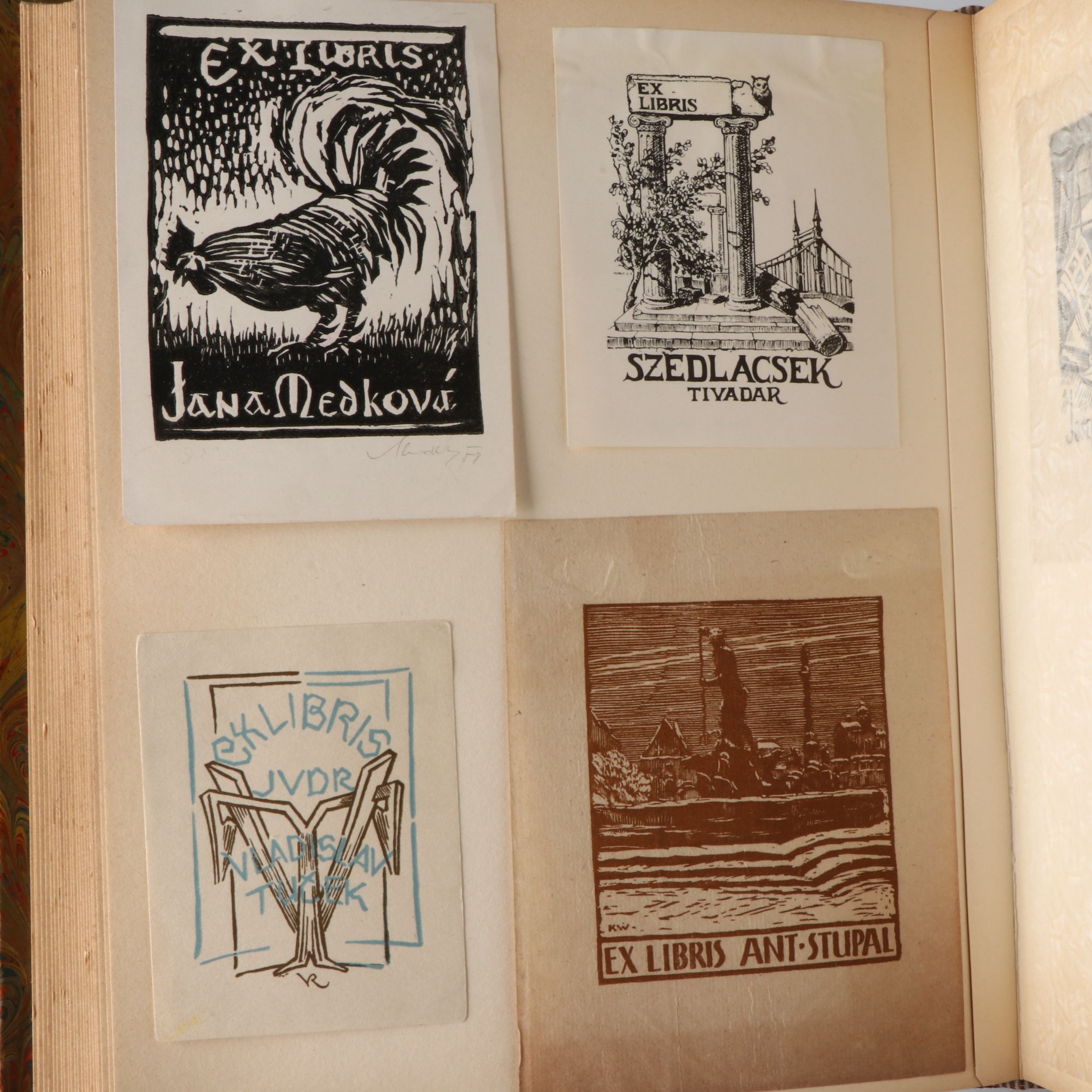 Leather Bound Book of European Ex Libris Bookplates, Early to Mid-20th Century