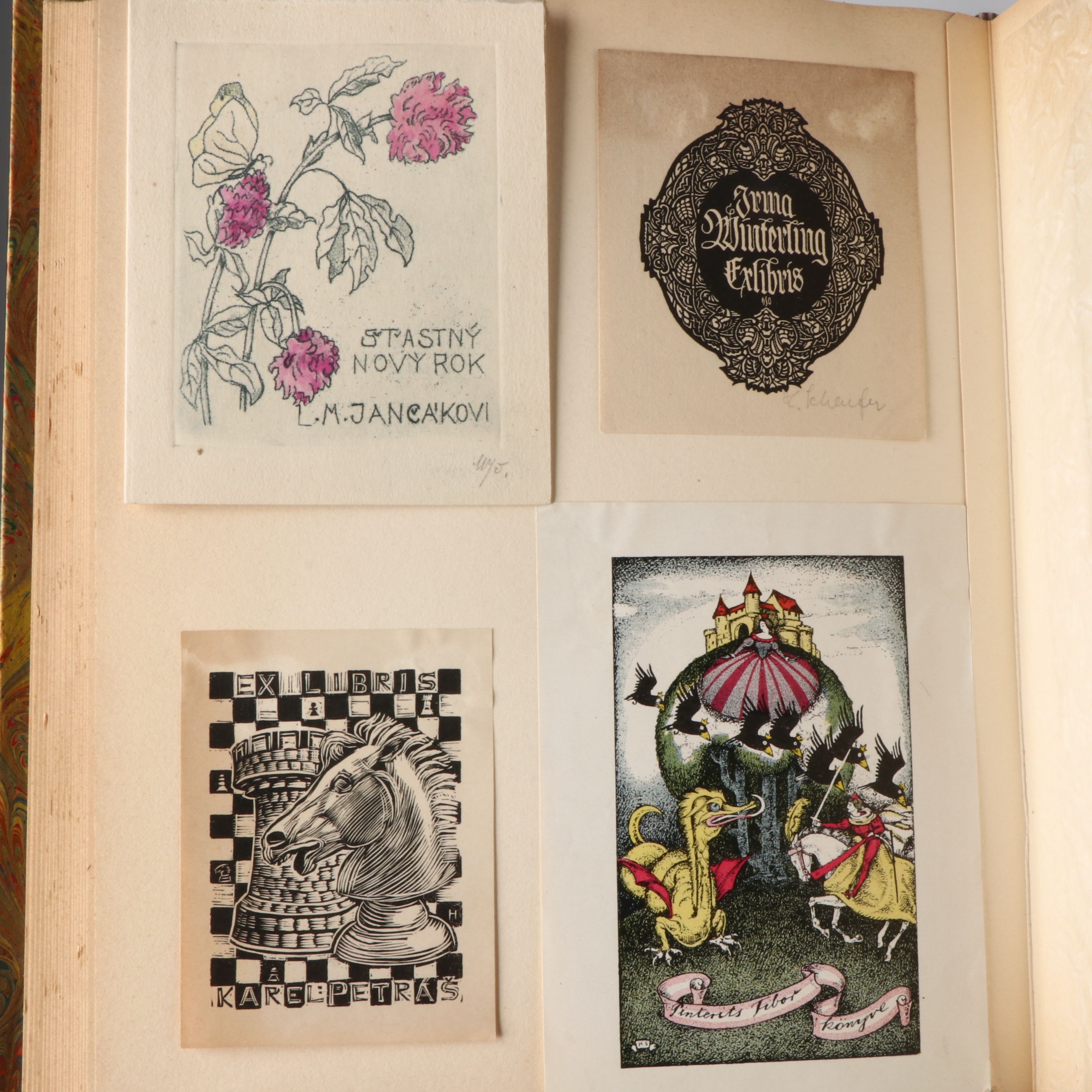 Leather Bound Book of European Ex Libris Bookplates, Early to Mid-20th Century