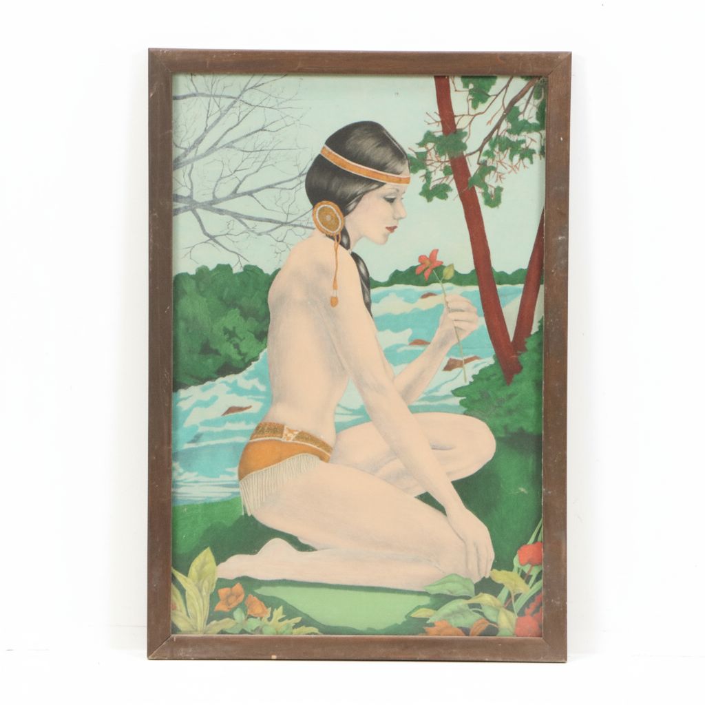 Velour Painting of Native American Woman by the River