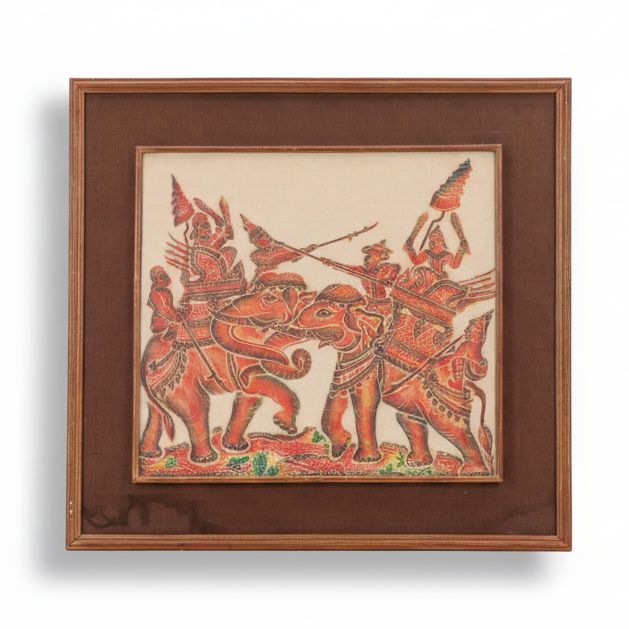 Thai Temple Multicolor Rubbing of Warring Elephants on Rice Paper, Circa 1940