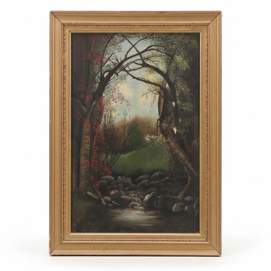 Wooded Landscape Oil Painting with Waterfall, Late 20th Century
