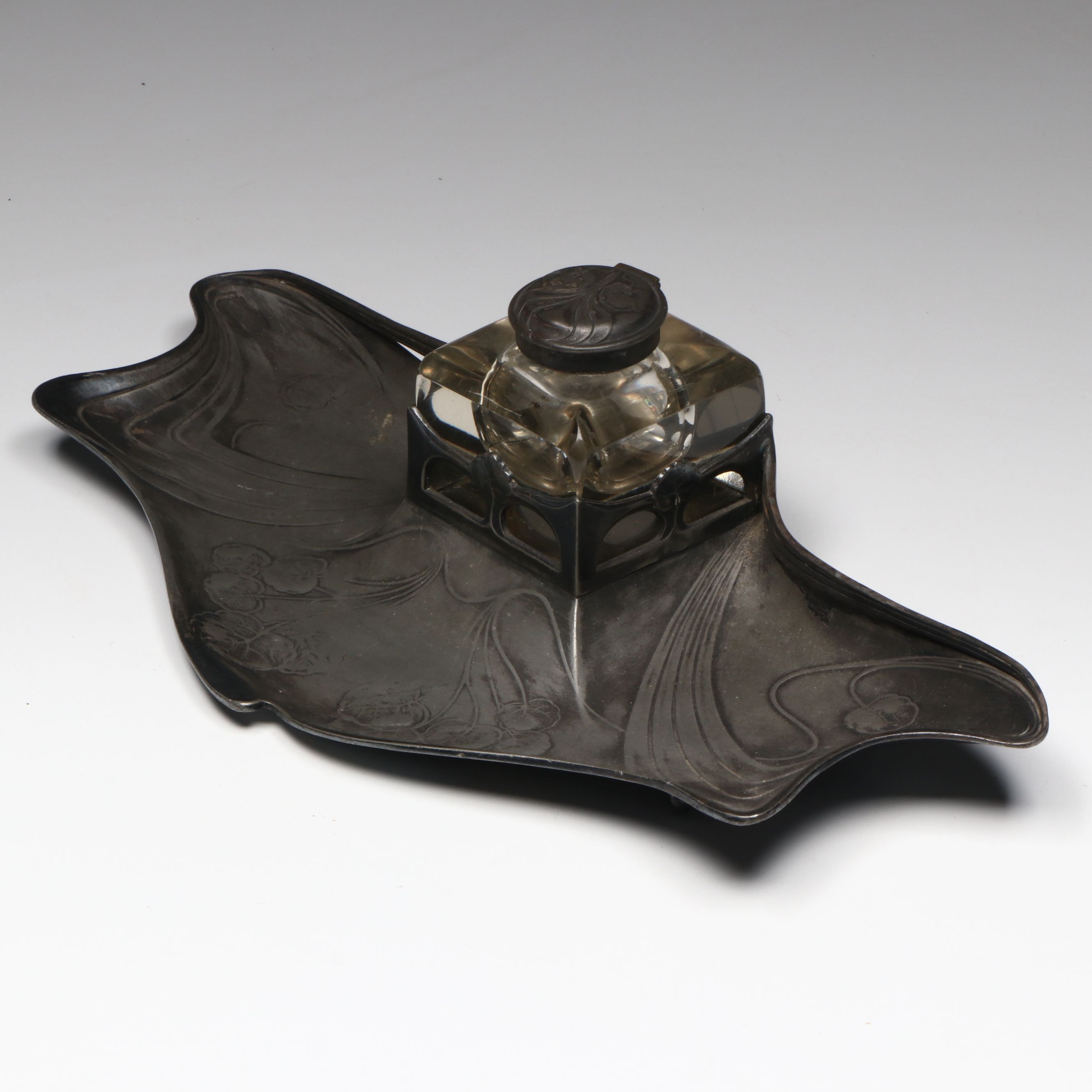 Orivit German Jugendstil Pewter Inkwell and Glass Insert, Late 19th ...