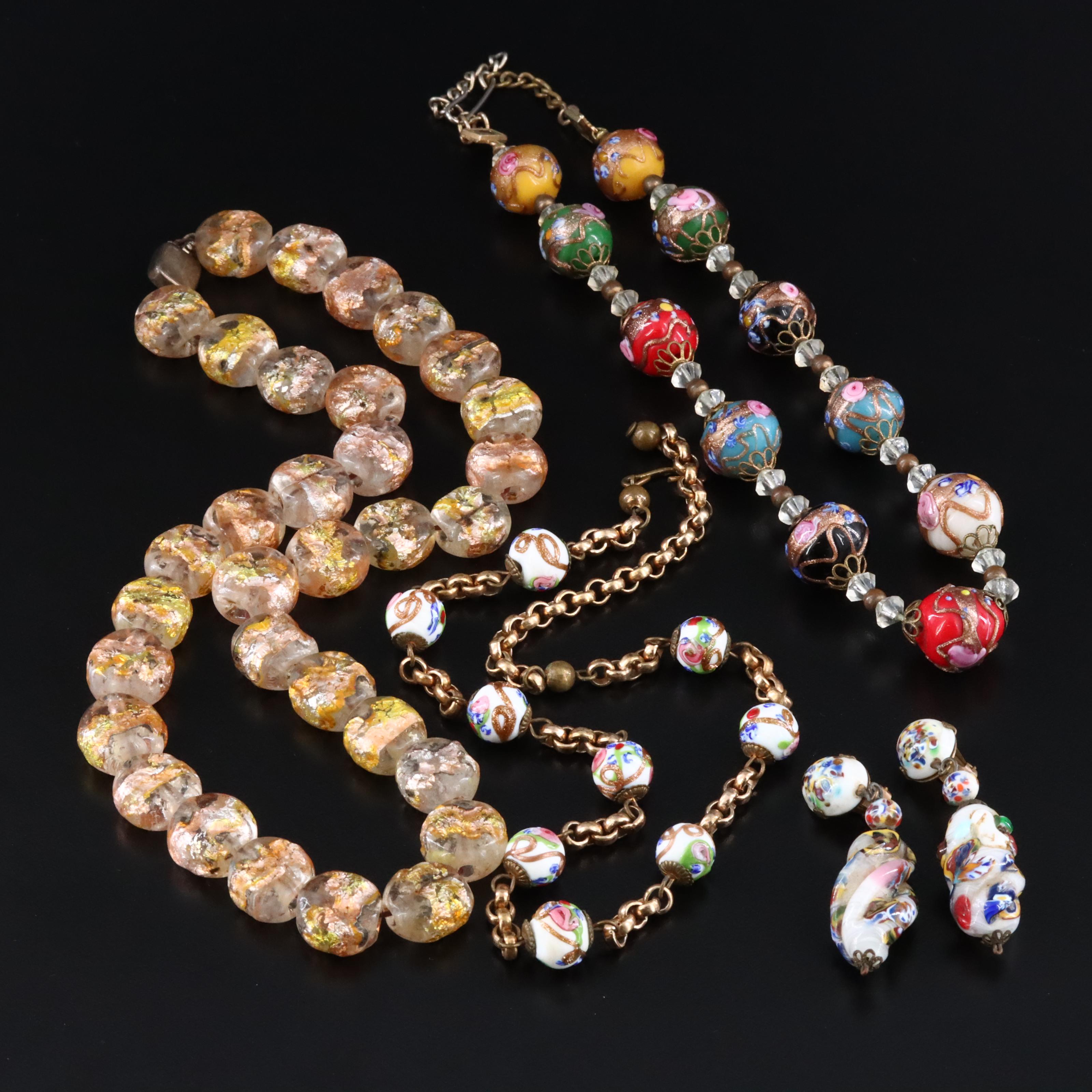 Wedding Cake, Foiled and Millefiori Glass Necklaces and Earrings