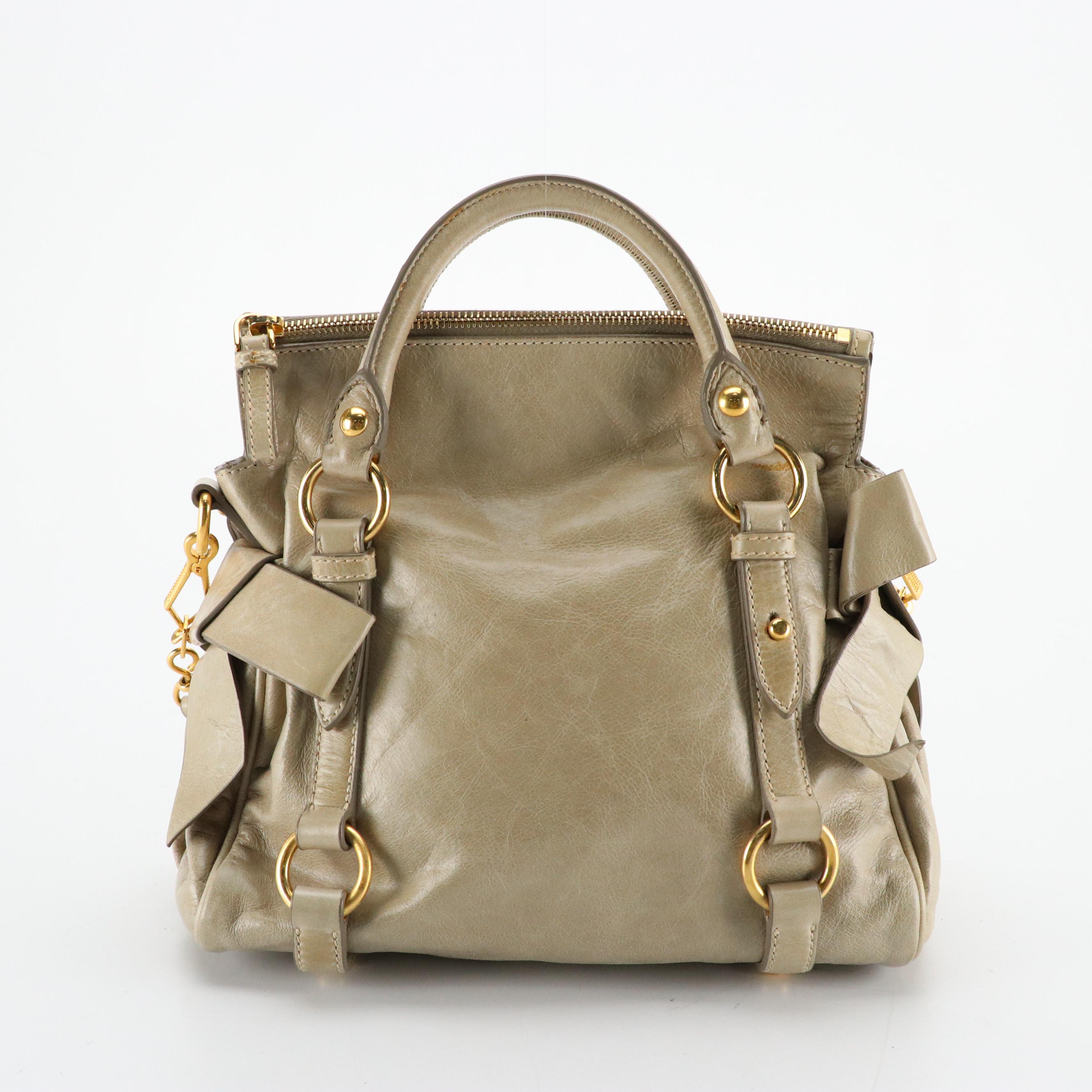 Miu Miu Two-Way Foldover Bow Satchel in Faded Sage Green Vitello Lux Leather