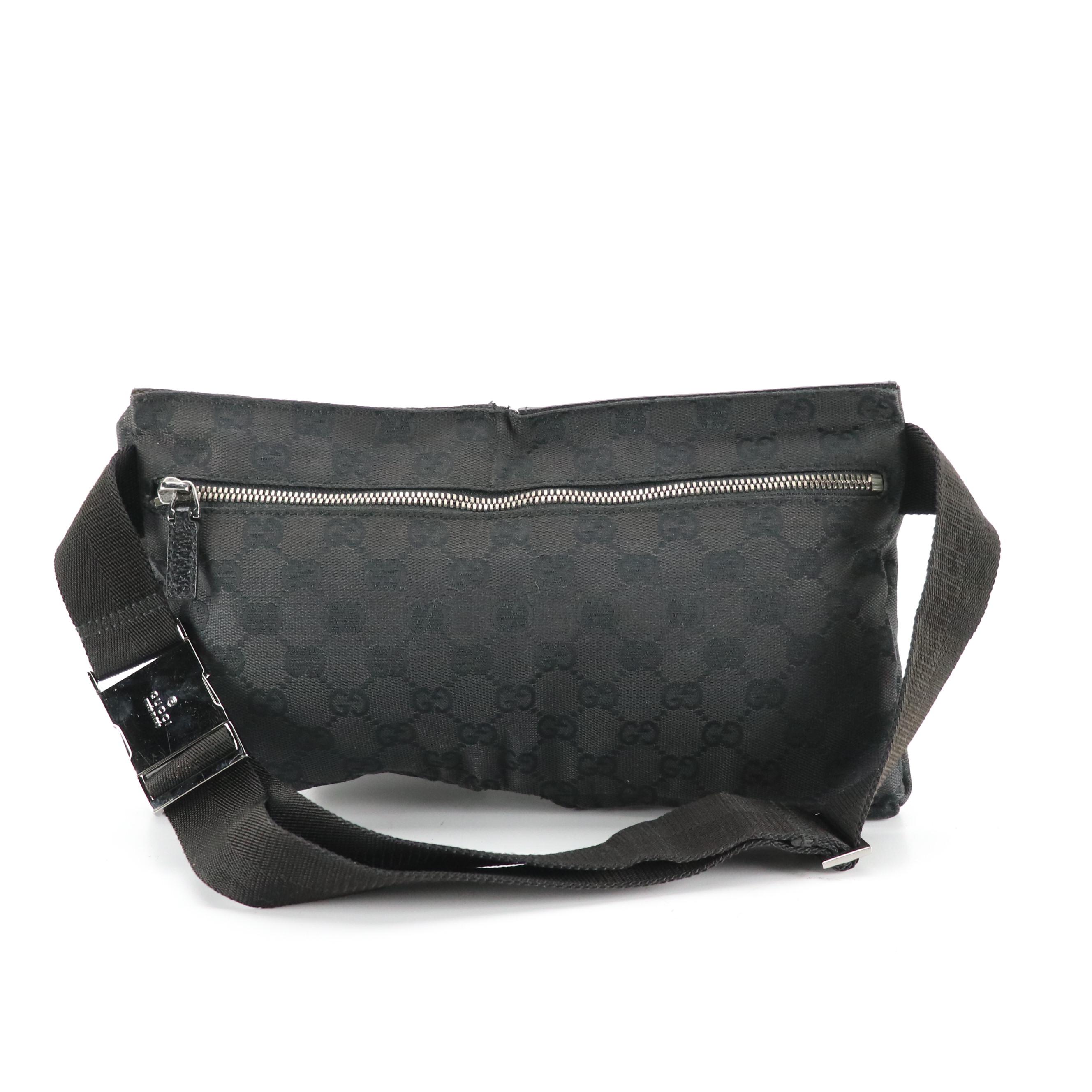 Gucci Double Pocket Belt Bag in Black GG Canvas and Black Leather