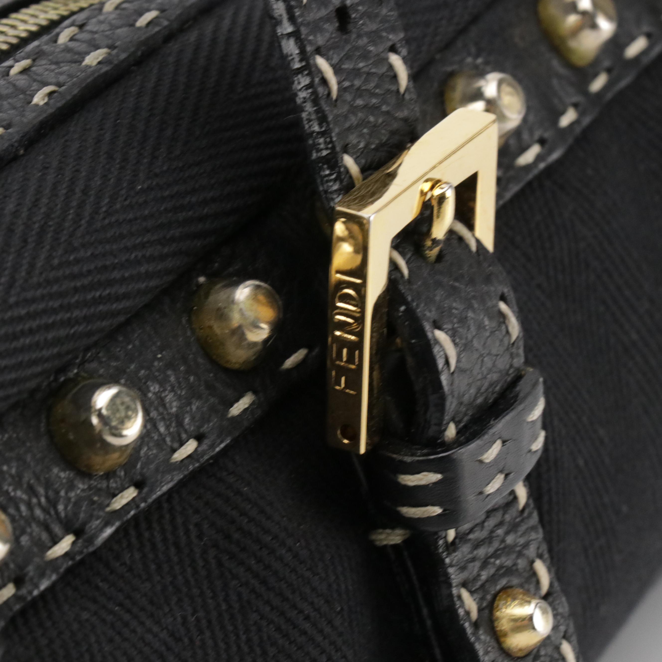 Fendi Selleria Zip-Around Handbag in Black Canvas and Studded Leather Trim