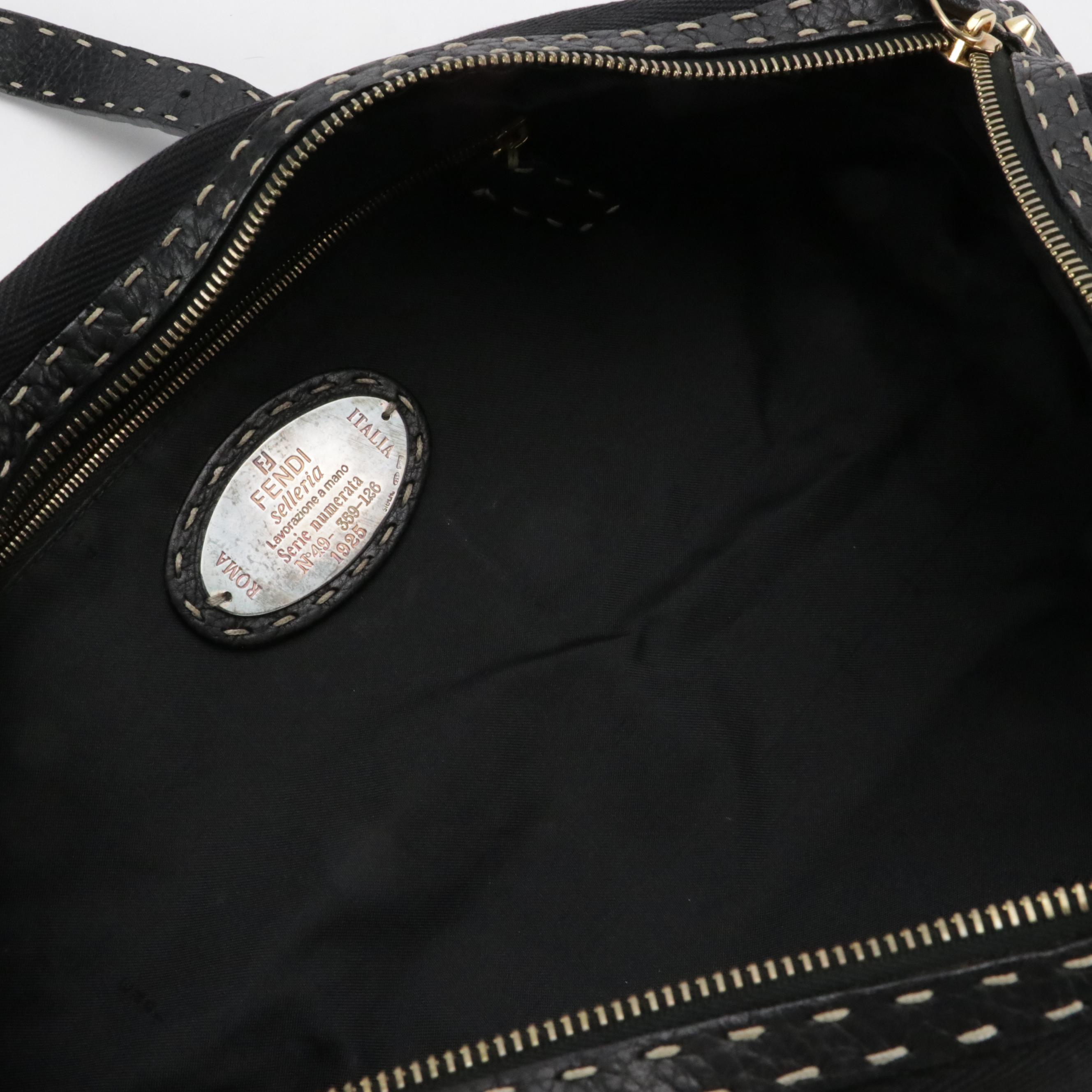 Fendi Selleria Zip-Around Handbag in Black Canvas and Studded Leather Trim