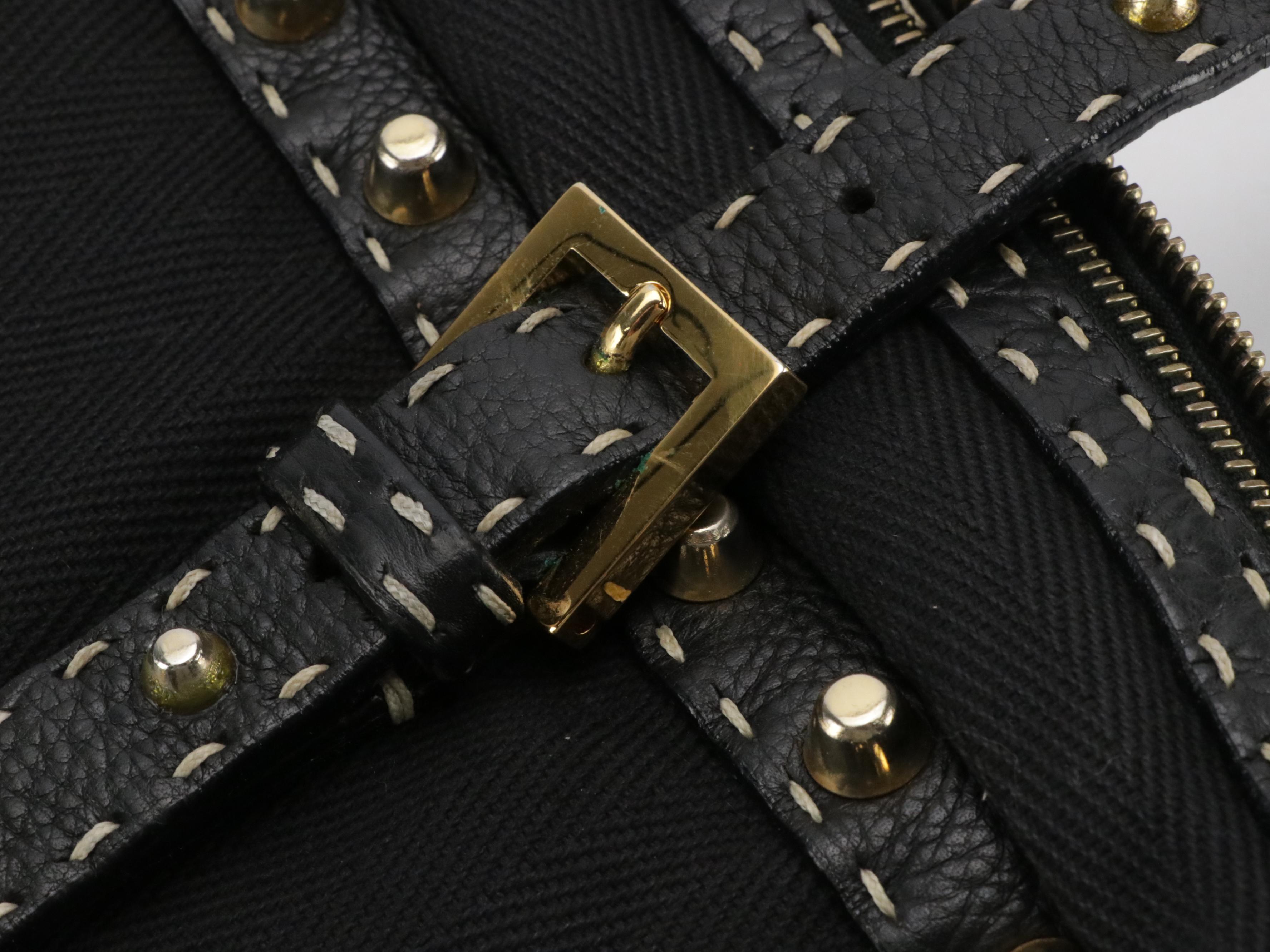 Fendi Selleria Zip-Around Handbag in Black Canvas and Studded Leather Trim