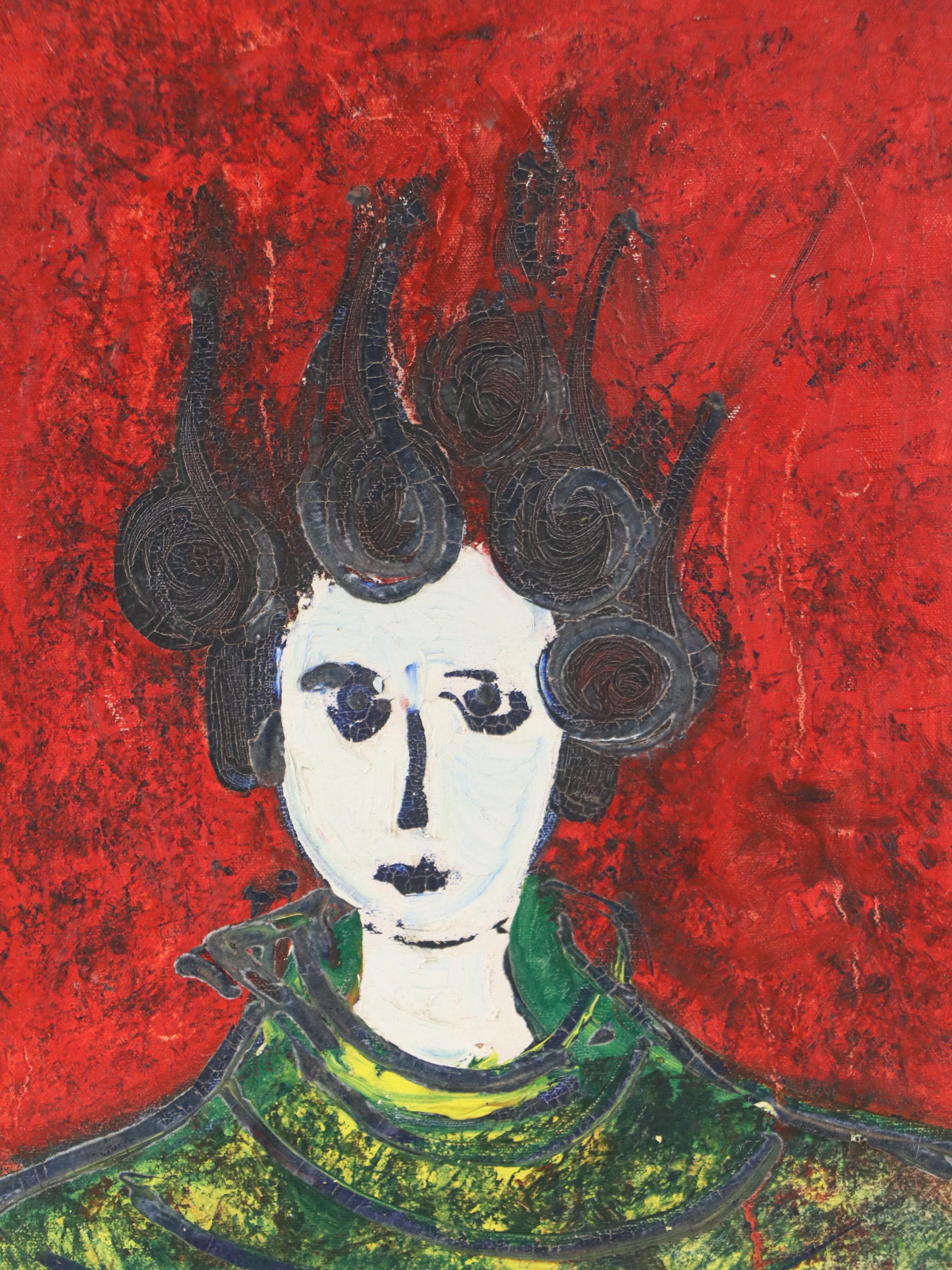 Stylized Portrait Oil Painting of Woman, Mid to Late 20th Century