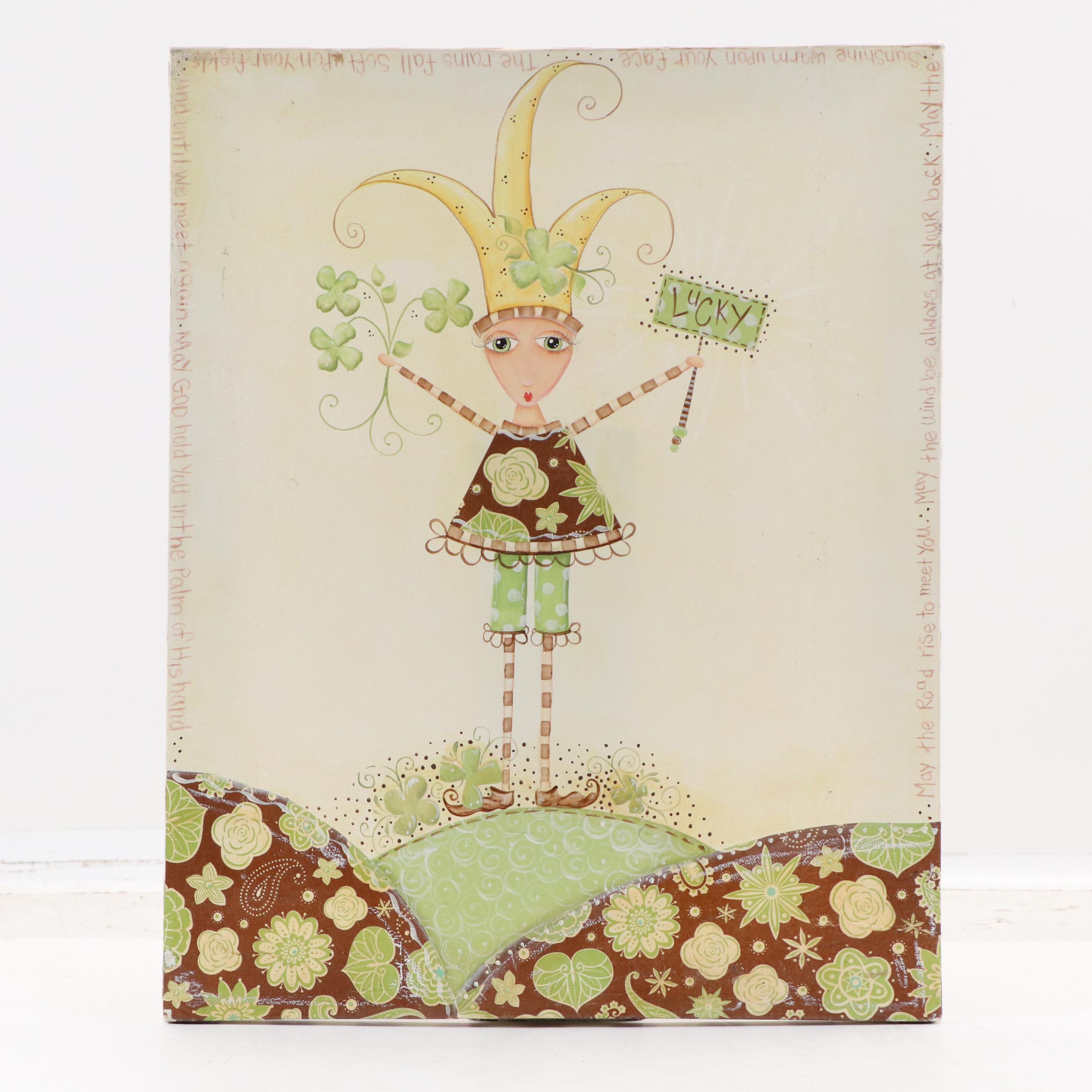 Stylized Mixed Media Painting "Lucky," Late 20th - 21st Century