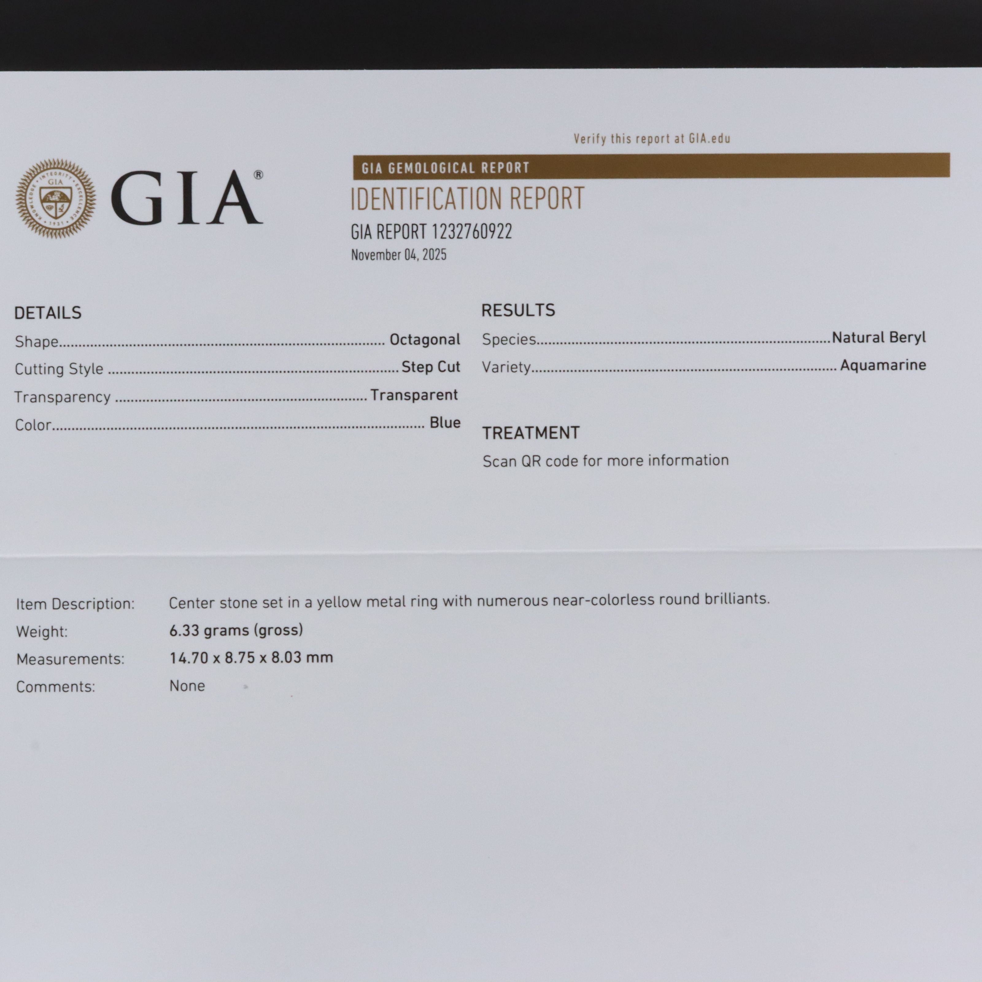 14K 7.96 CT Aquamarine and Diamond Ring with GIA Report