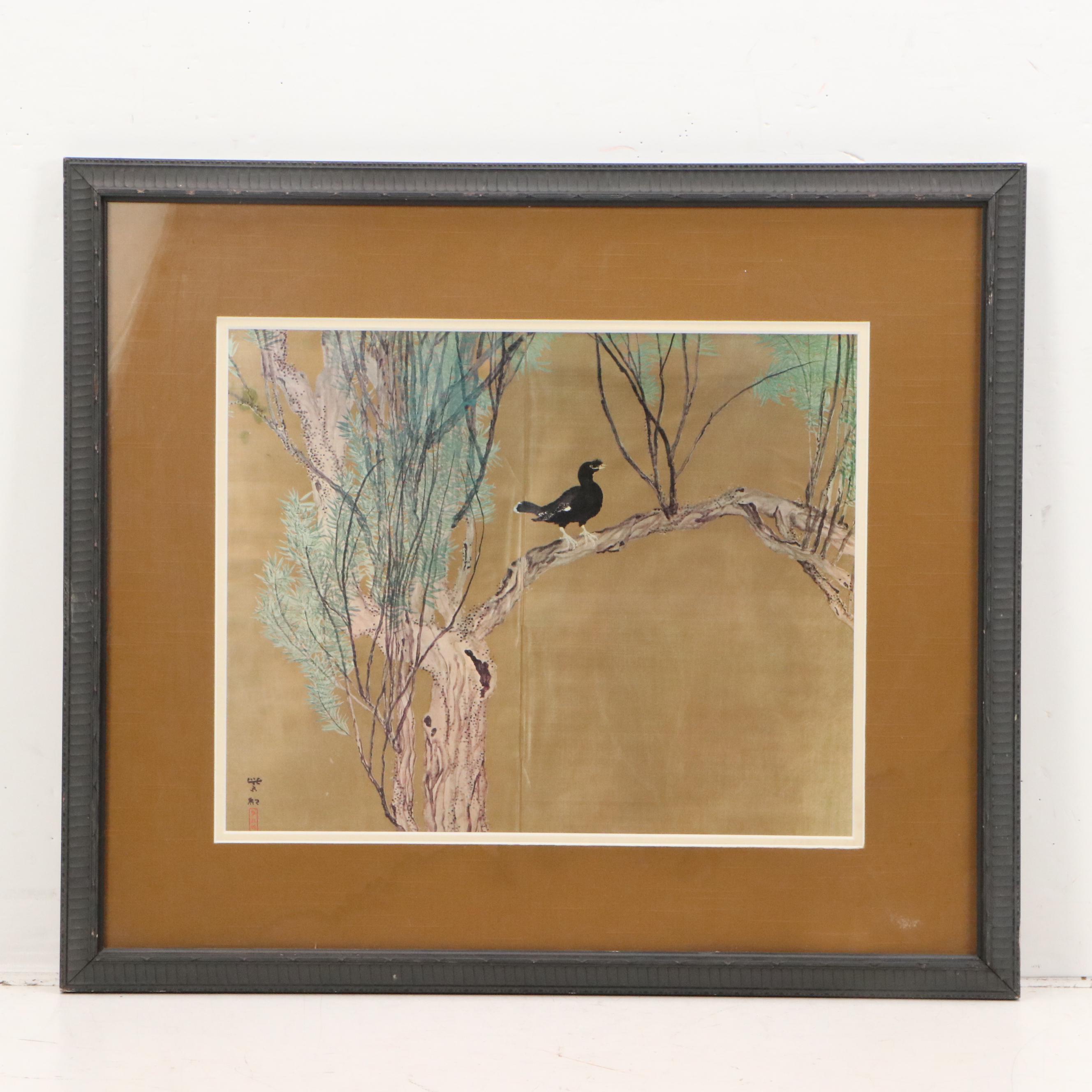 Offset Lithograph After Shiko Imamura "Magpie on a Purple Willow"