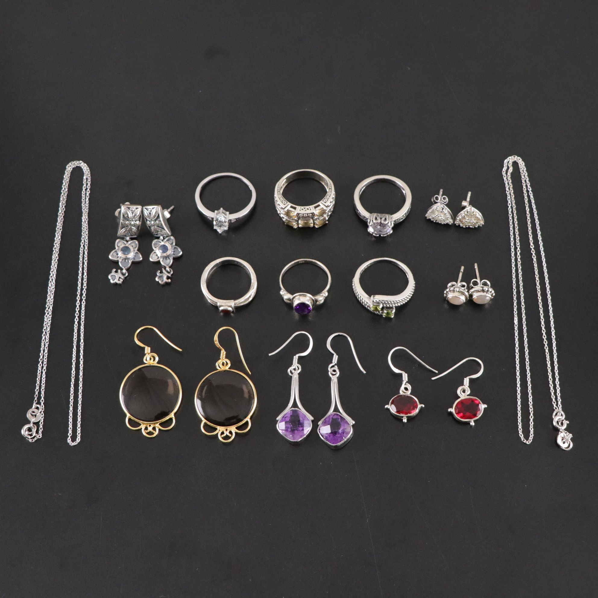 14 Assorted Sterling Silver Rings, Necklaces and Earrings