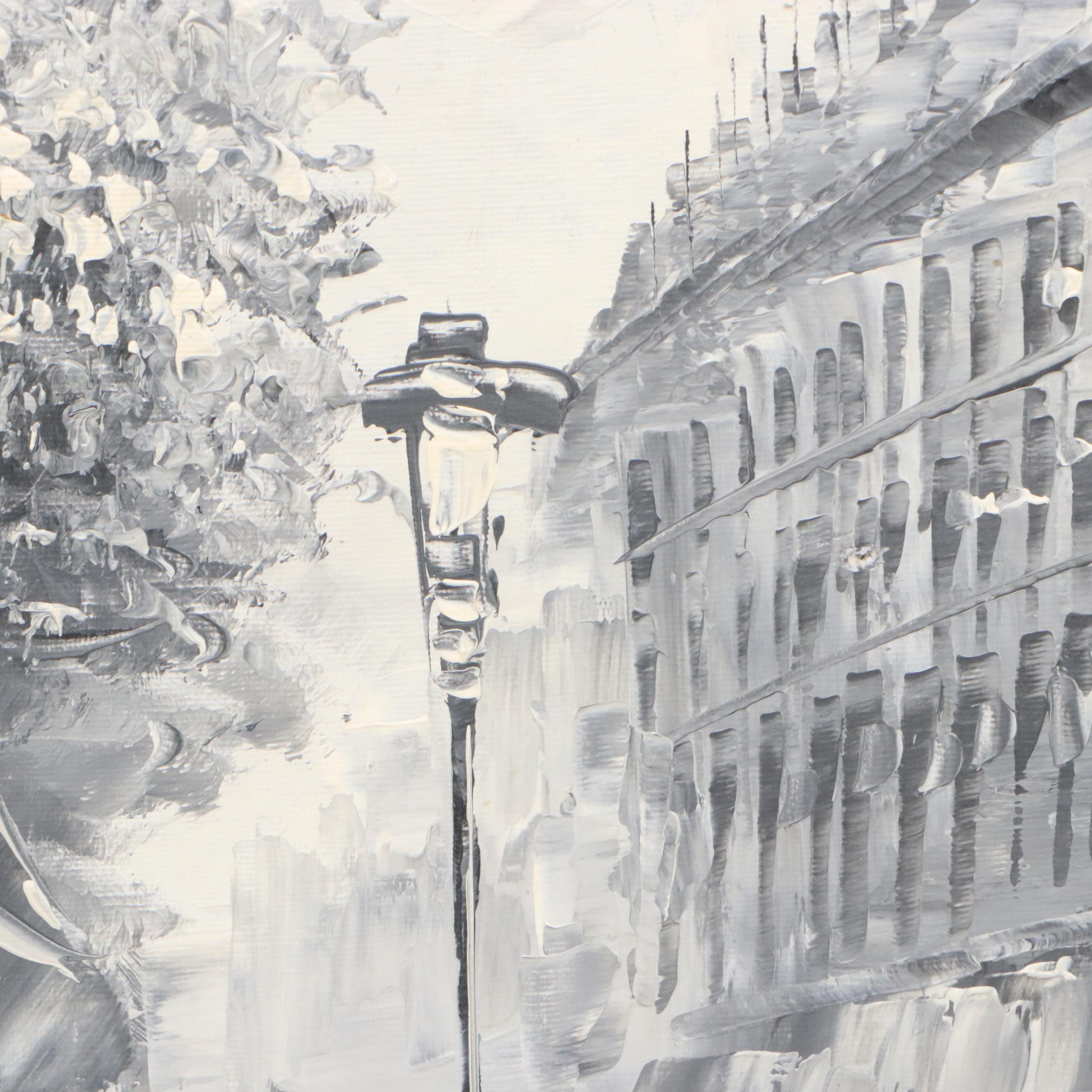 Parisian Cityscape Acrylic Painting Attributed to Caroline Burnett