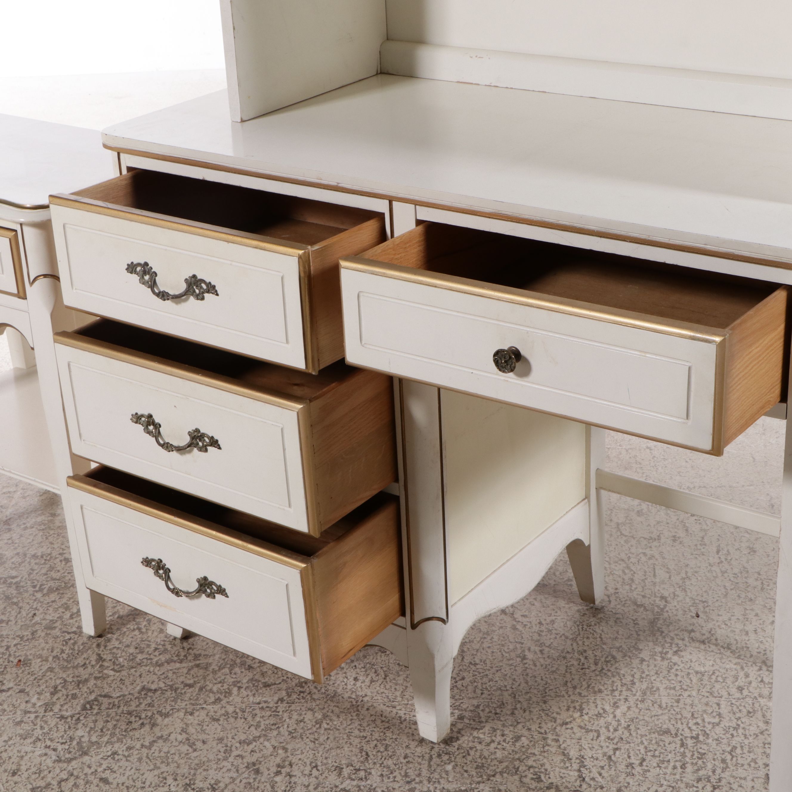 French Provincial Style Paint-Decorated Wood Desk with Hutch and Nightstand