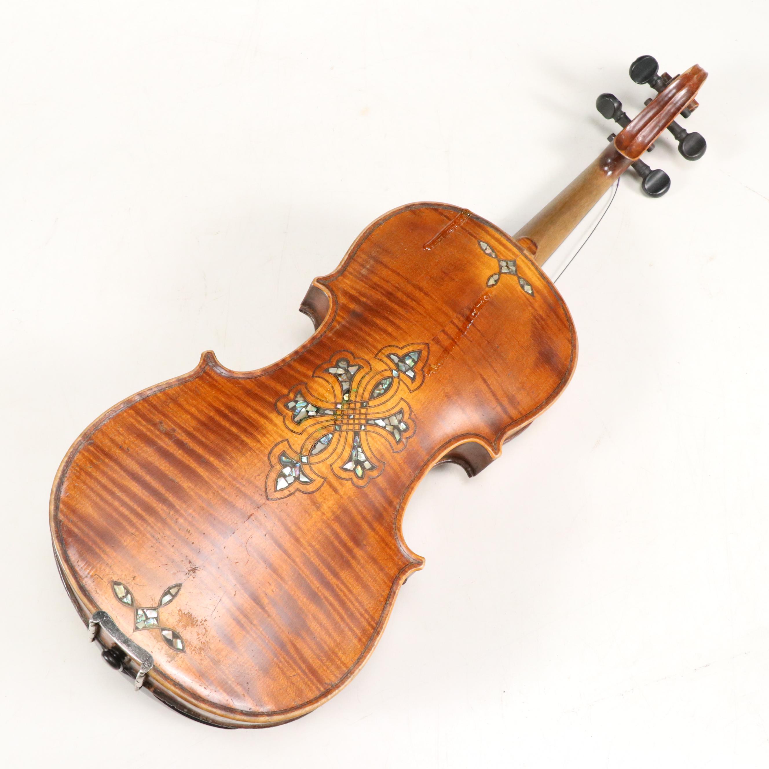 4/4 Spruce Top and Tiger Maple Violin with Abalone Inlay in Leather Case