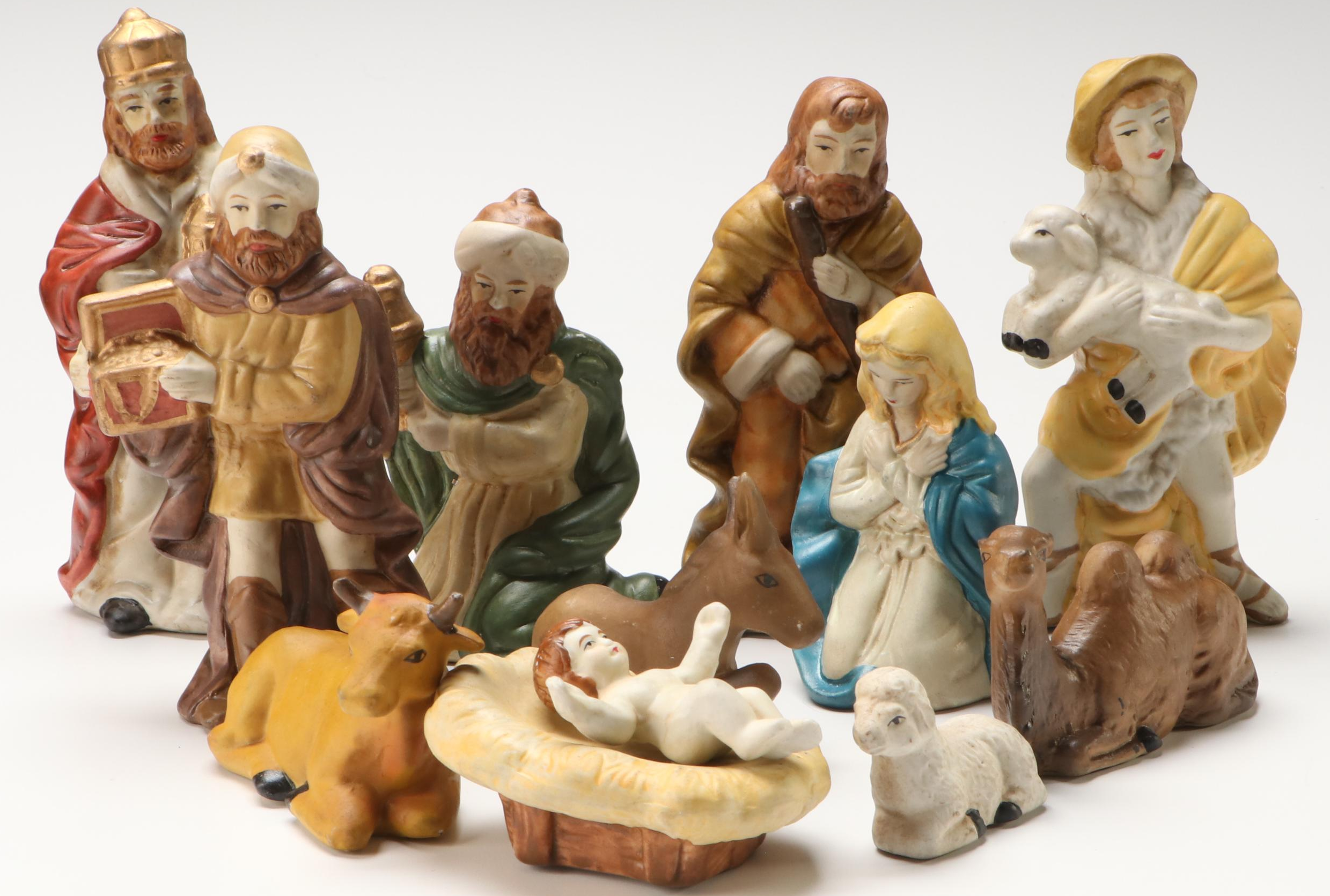 Nativity Scene with Wooden Manger and Ceramic Figures