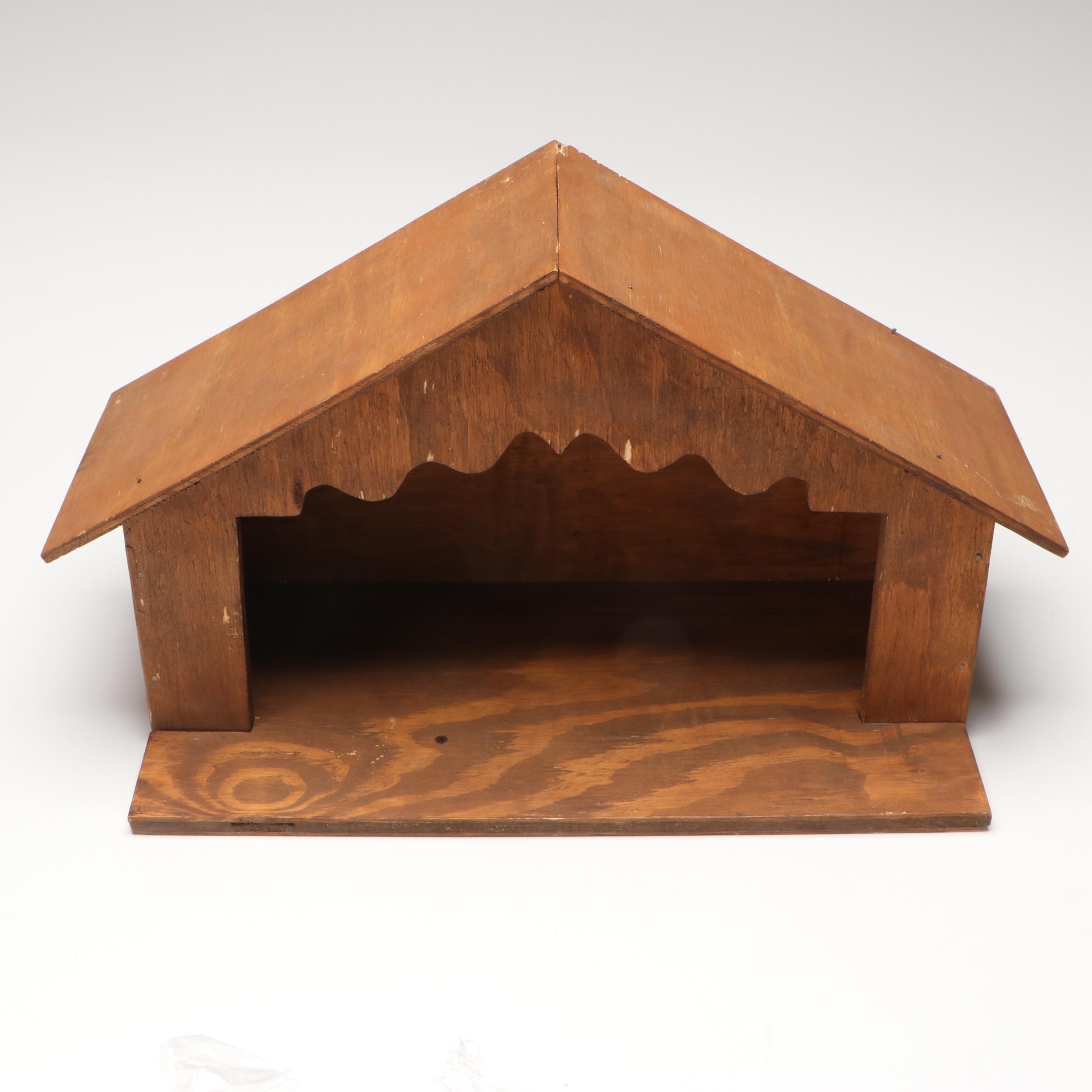 Nativity Scene with Wooden Manger and Ceramic Figures