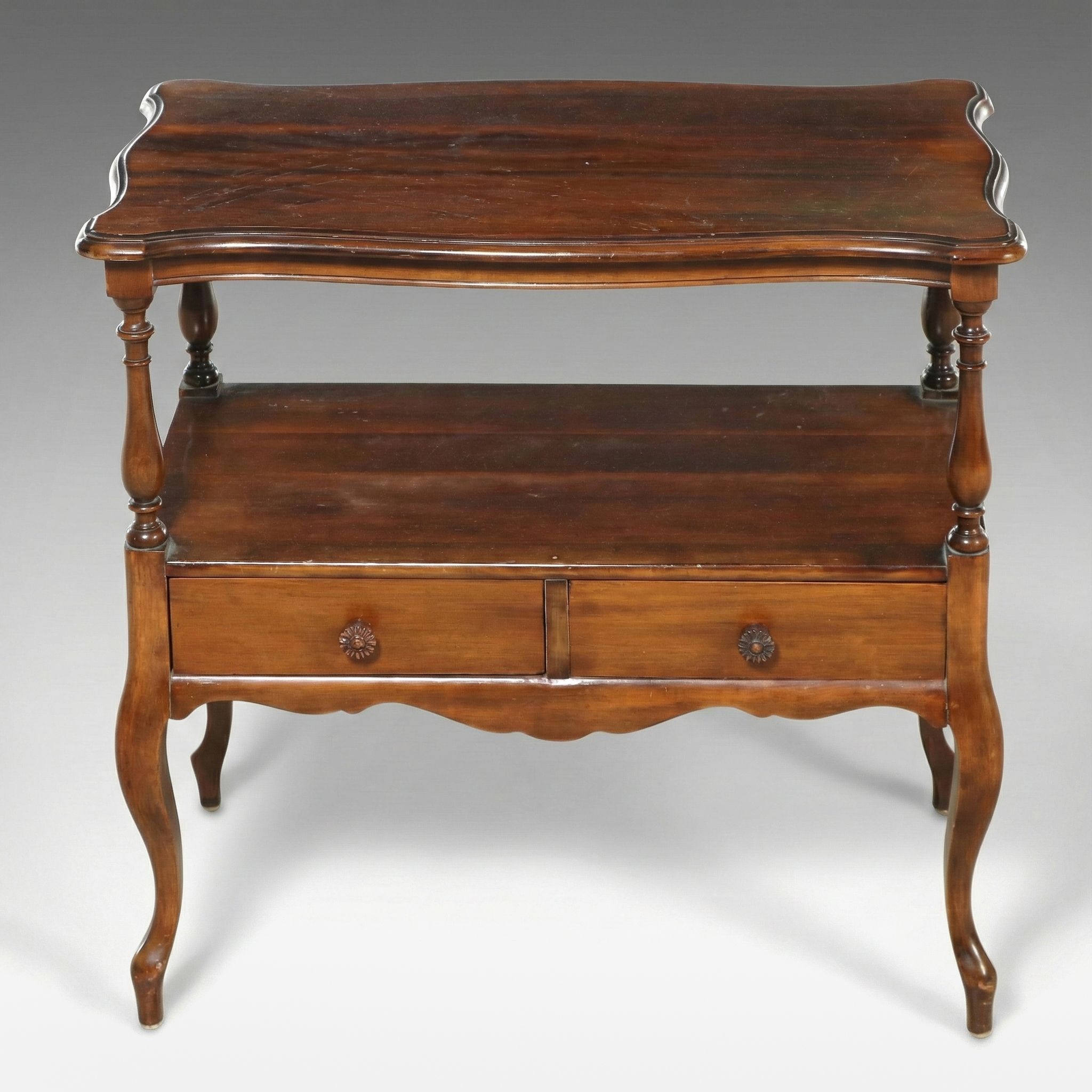 French Provincial Style Walnut Finish Two-Tier Table, 20th Century