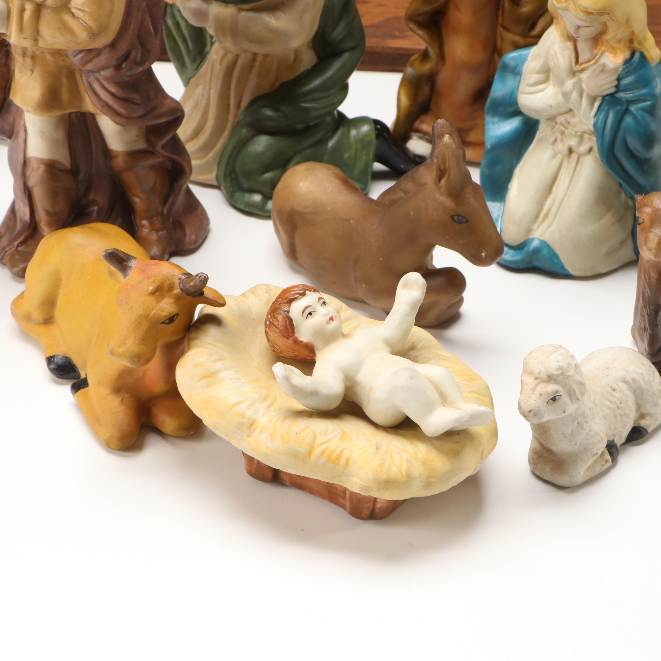 Nativity Scene with Wooden Manger and Ceramic Figures