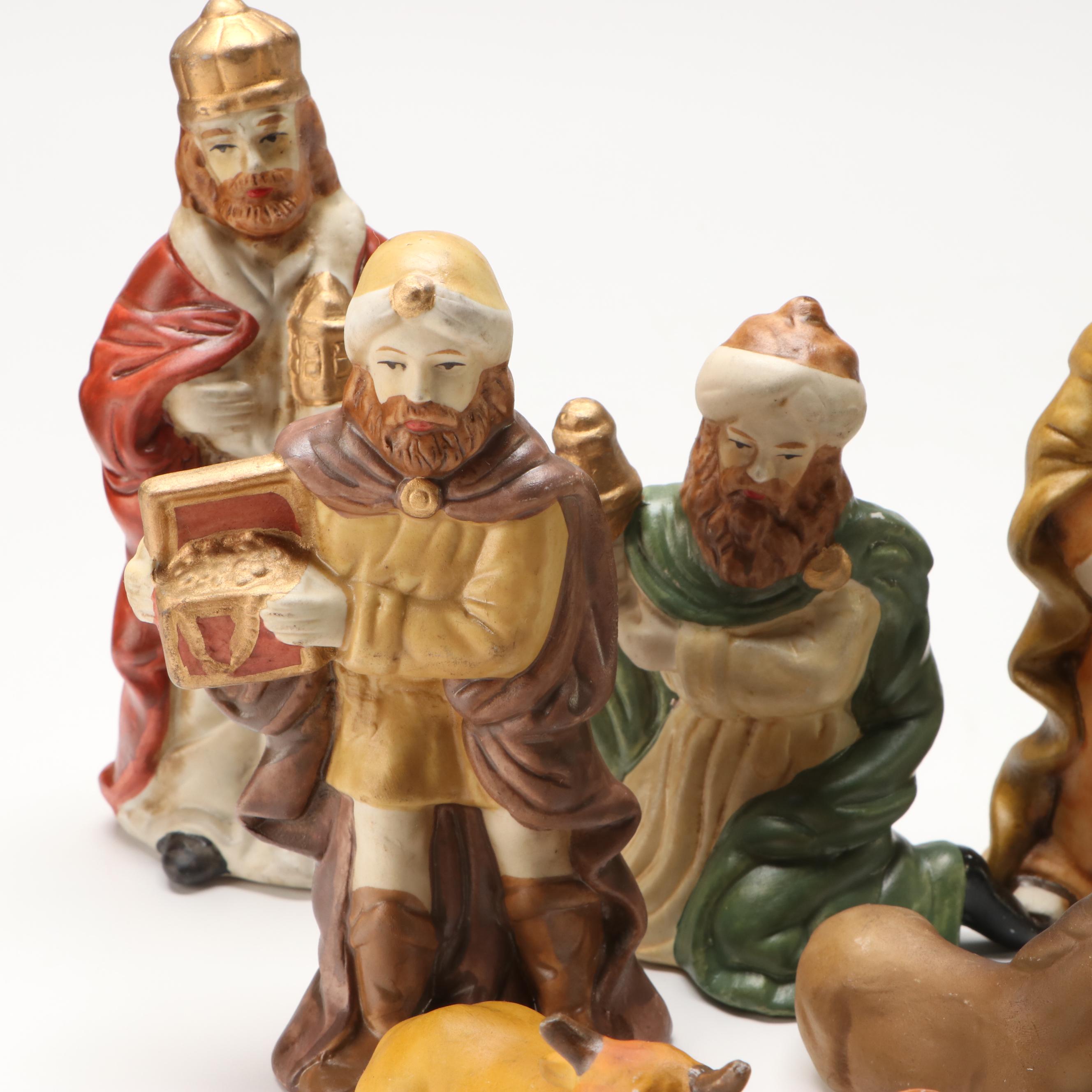 Nativity Scene with Wooden Manger and Ceramic Figures