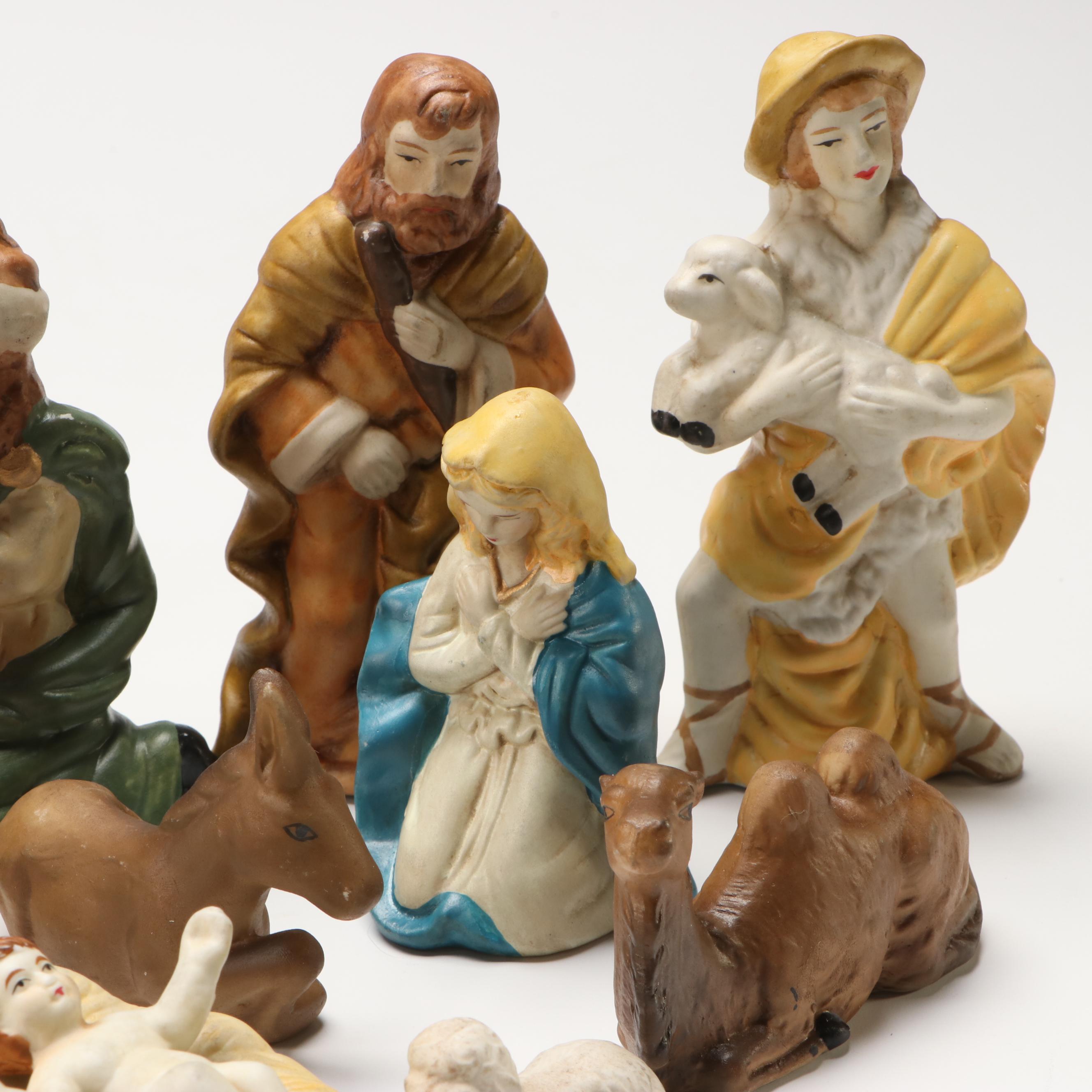 Nativity Scene with Wooden Manger and Ceramic Figures