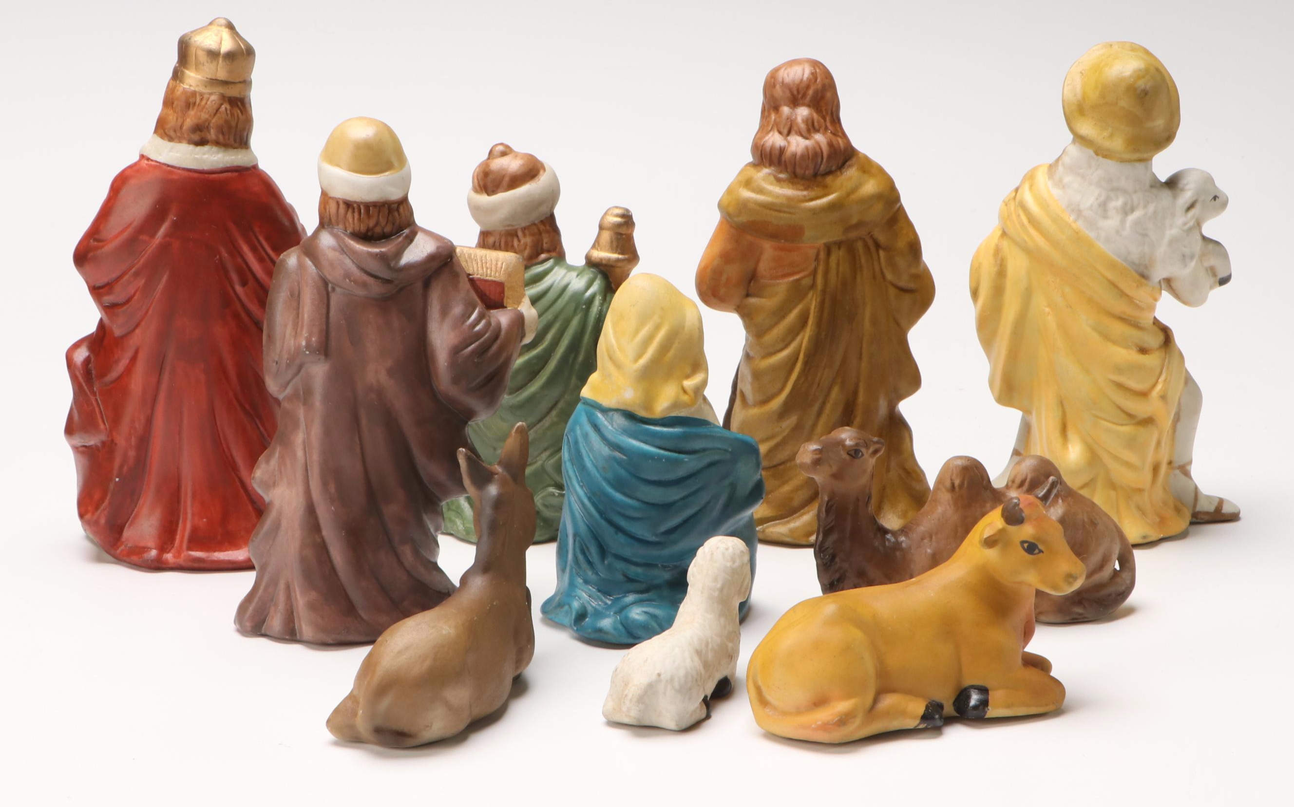 Nativity Scene with Wooden Manger and Ceramic Figures