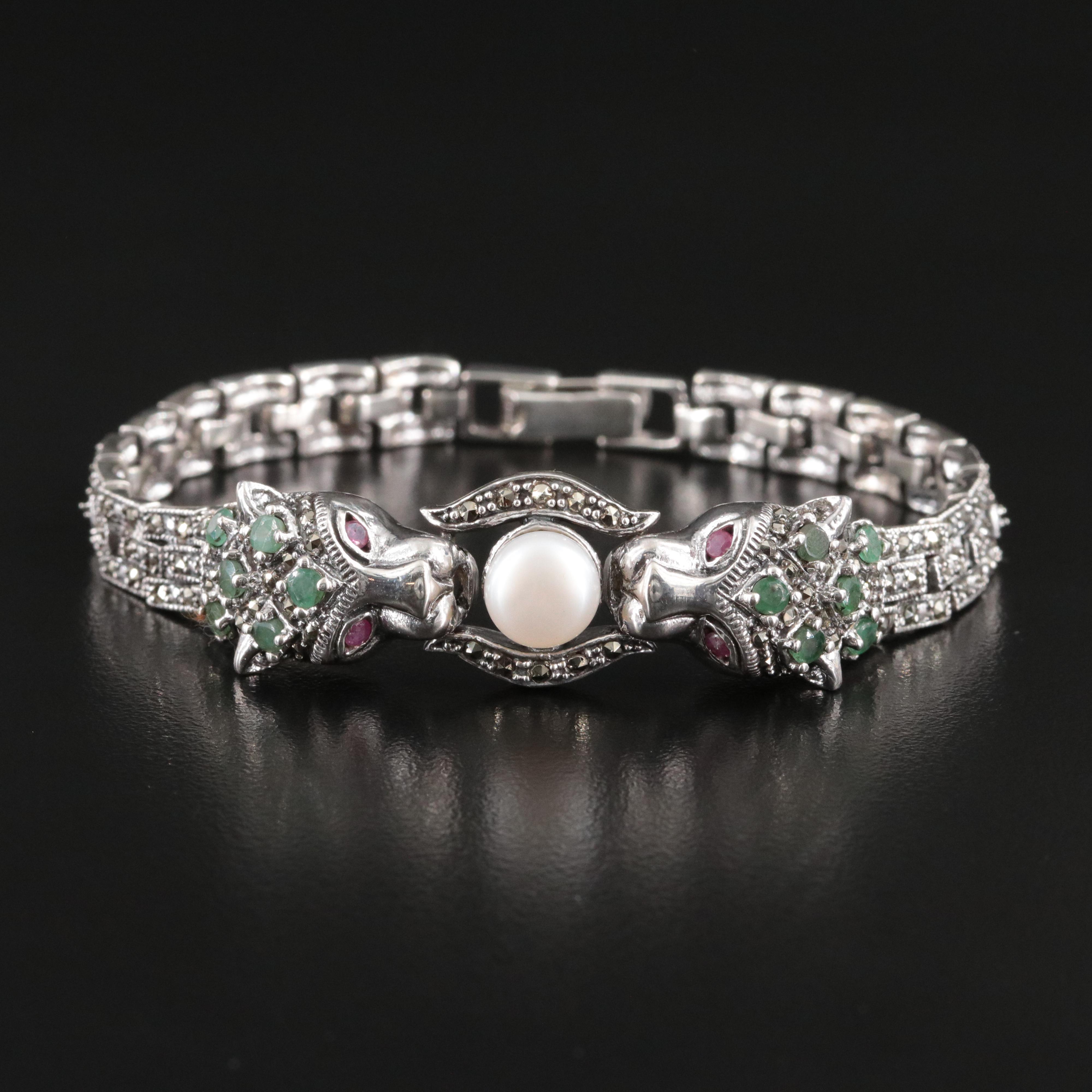 Sterling Pearl, Emerald and Marcasite Jaguar Doorknocker Bracelet