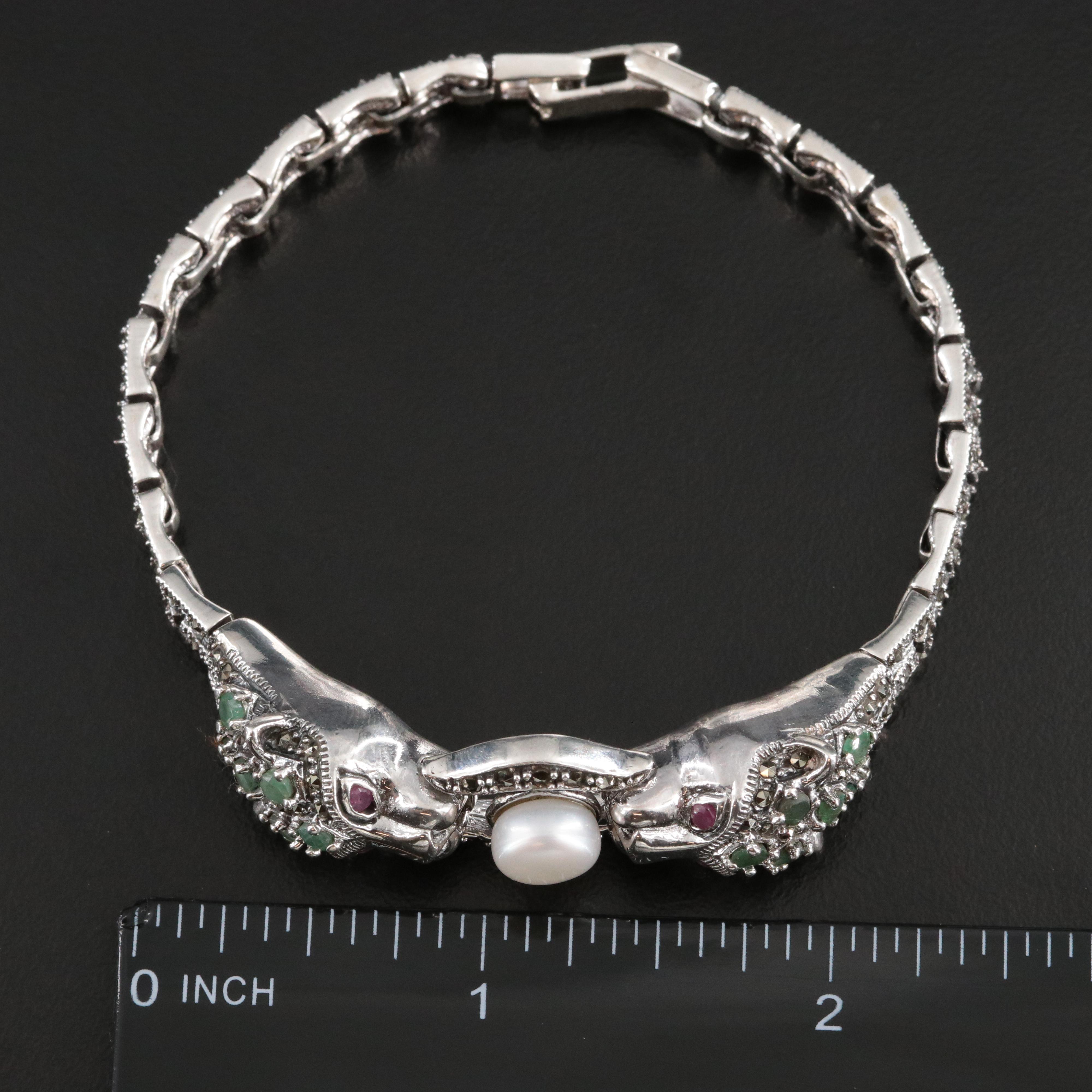 Sterling Pearl, Emerald and Marcasite Jaguar Doorknocker Bracelet