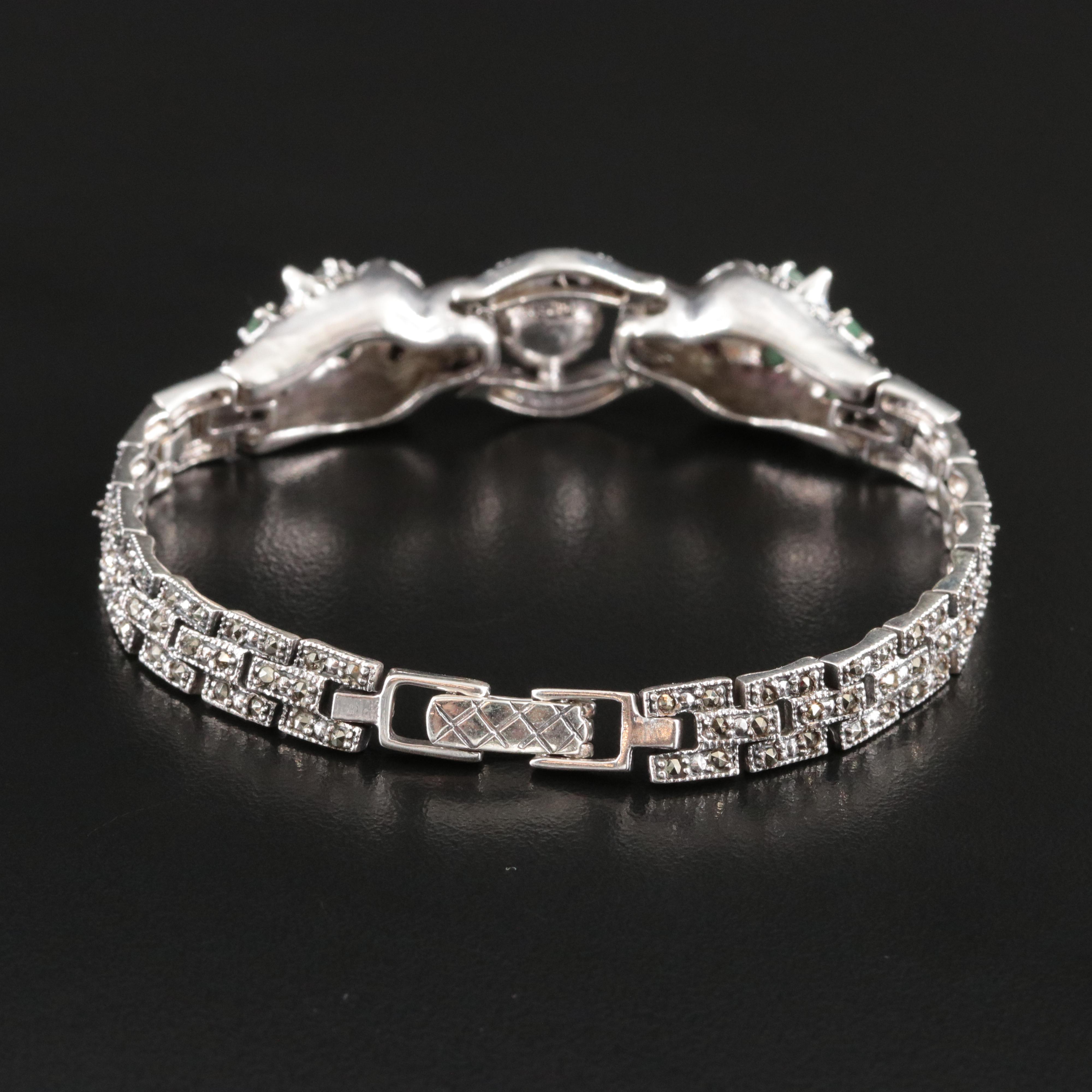 Sterling Pearl, Emerald and Marcasite Jaguar Doorknocker Bracelet